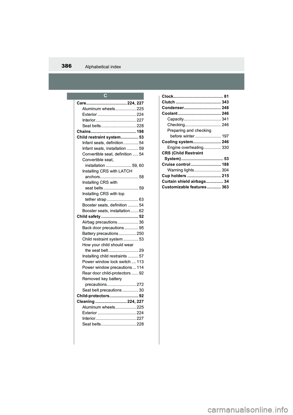 TOYOTA YARIS HATCHBACK 2017 Owners Manual 386Alphabetical index
YARIS_HB_OM_USA_OM52G64U
Care................................... 224, 227Aluminum wheels.................. 225
Exterior ................................. 224
Interior............ TOYOTA YARIS HATCHBACK 2017 Owners Manual 386Alphabetical index
YARIS_HB_OM_USA_OM52G64U
Care................................... 224, 227Aluminum wheels.................. 225
Exterior ................................. 224
Interior............
