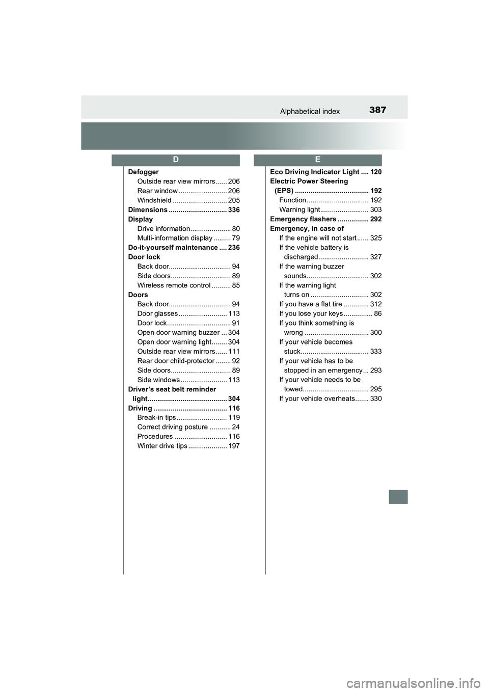 TOYOTA YARIS HATCHBACK 2017 User Guide 387Alphabetical index
YARIS_HB_OM_USA_OM52G64U
DefoggerOutside rear view mirrors...... 206
Rear window ......................... 206
Windshield ............................ 205
Dimensions ............