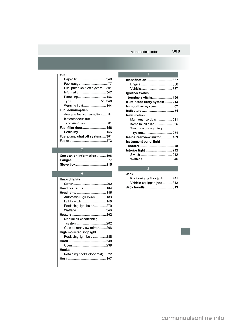 TOYOTA YARIS HATCHBACK 2017 Owners Manual 389Alphabetical index
YARIS_HB_OM_USA_OM52G64U
FuelCapacity ................................ 340
Fuel gauge .............................. 77
Fuel pump shut off system.... 301
Information ............ TOYOTA YARIS HATCHBACK 2017 Owners Manual 389Alphabetical index
YARIS_HB_OM_USA_OM52G64U
FuelCapacity ................................ 340
Fuel gauge .............................. 77
Fuel pump shut off system.... 301
Information ............