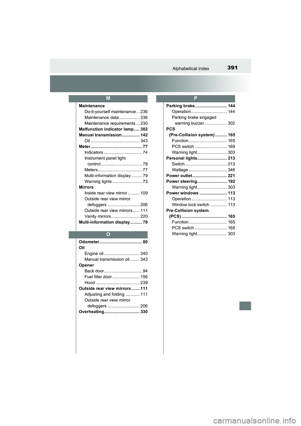 TOYOTA YARIS HATCHBACK 2017 Owners Manual 391Alphabetical index
YARIS_HB_OM_USA_OM52G64U
MaintenanceDo-it-yourself maintenance ... 236
Maintenance data ................. 336
Maintenance requirements ... 230
Malfunction indicator lamp ..... 30 TOYOTA YARIS HATCHBACK 2017 Owners Manual 391Alphabetical index
YARIS_HB_OM_USA_OM52G64U
MaintenanceDo-it-yourself maintenance ... 236
Maintenance data ................. 336
Maintenance requirements ... 230
Malfunction indicator lamp ..... 30