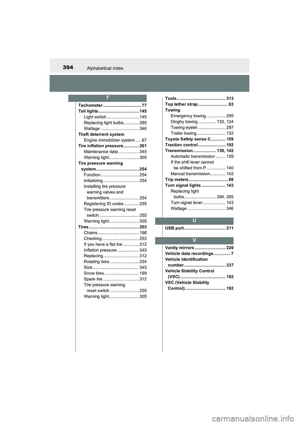 TOYOTA YARIS HATCHBACK 2017 Owners Manual 394Alphabetical index
YARIS_HB_OM_USA_OM52G64U
Tachometer ................................ 77
Tail lights .................................. 145Light switch ........................... 145
Replacing l TOYOTA YARIS HATCHBACK 2017 Owners Manual 394Alphabetical index
YARIS_HB_OM_USA_OM52G64U
Tachometer ................................ 77
Tail lights .................................. 145Light switch ........................... 145
Replacing l