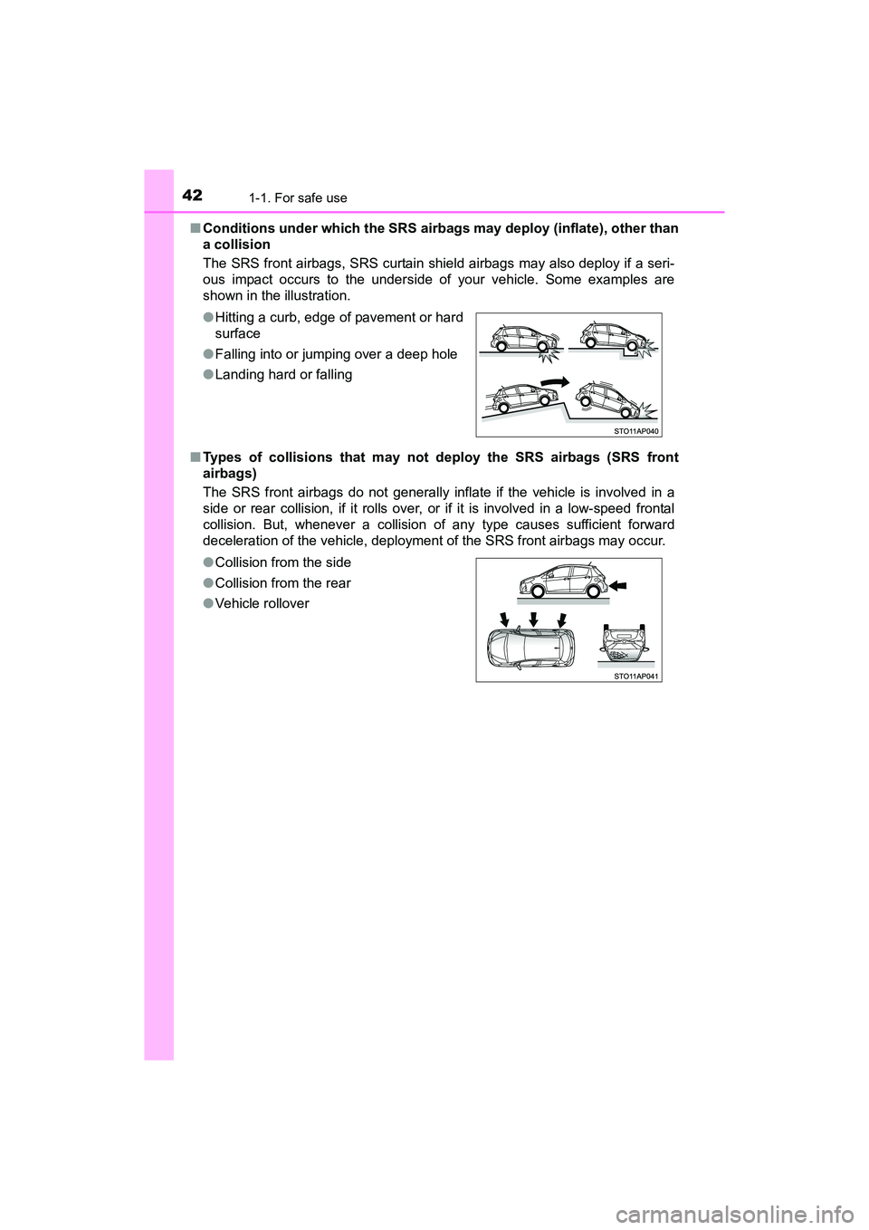TOYOTA YARIS HATCHBACK 2017 Service Manual 421-1. For safe use
YARIS_HB_OM_USA_OM52G64U■
Conditions under which the SRS airbags may deploy (inflate), other than
a collision
The SRS front airbags, SRS curtain shield airbags may also deploy i TOYOTA YARIS HATCHBACK 2017 Service Manual 421-1. For safe use
YARIS_HB_OM_USA_OM52G64U■
Conditions under which the SRS airbags may deploy (inflate), other than
a collision
The SRS front airbags, SRS curtain shield airbags may also deploy i