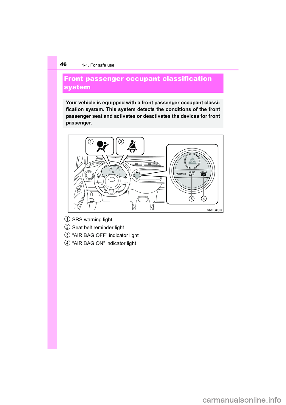 TOYOTA YARIS HATCHBACK 2017 Service Manual 461-1. For safe use
YARIS_HB_OM_USA_OM52G64U
Front passenger occupant classification
system
SRS warning light
Seat belt reminder light
“AIR BAG OFF” indicator light
“AIR BAG ON” indicator lig TOYOTA YARIS HATCHBACK 2017 Service Manual 461-1. For safe use
YARIS_HB_OM_USA_OM52G64U
Front passenger occupant classification
system
SRS warning light
Seat belt reminder light
“AIR BAG OFF” indicator light
“AIR BAG ON” indicator lig