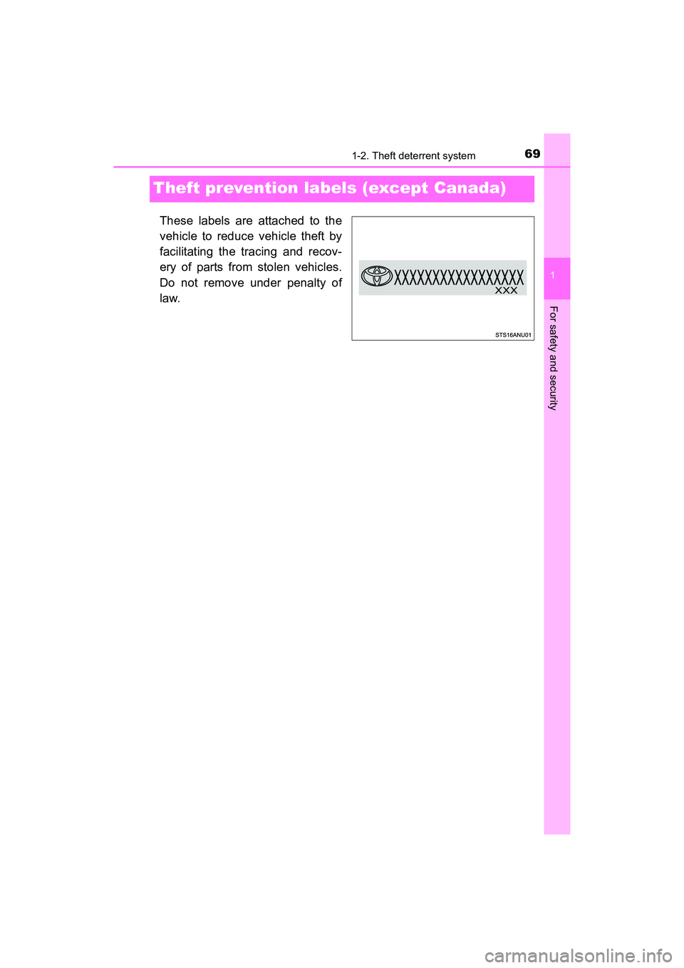 TOYOTA YARIS HATCHBACK 2017 Manual PDF 691-2. Theft deterrent system
1
For safety and security
YARIS_HB_OM_USA_OM52G64U
Theft prevention labels (except Canada)
These labels are attached to the
vehicle to reduce vehicle theft by
facilitatin