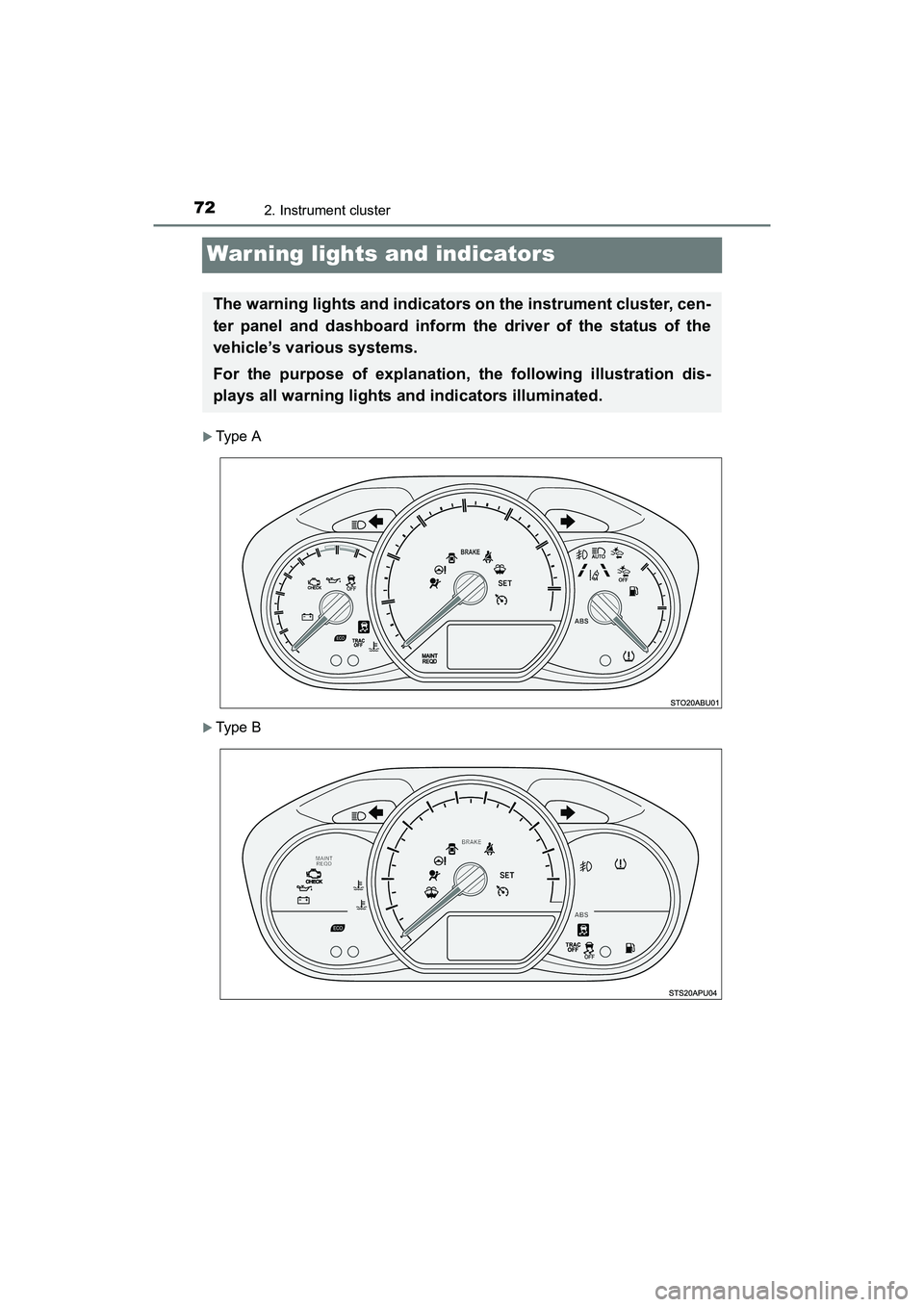 TOYOTA YARIS HATCHBACK 2017 Manual PDF 722. Instrument cluster
YARIS_HB_OM_USA_OM52G64U
Warning lights and indicators
Type A
Type B
The warning lights and indicators on the instrument cluster, cen-
ter panel and dashboard inform the 