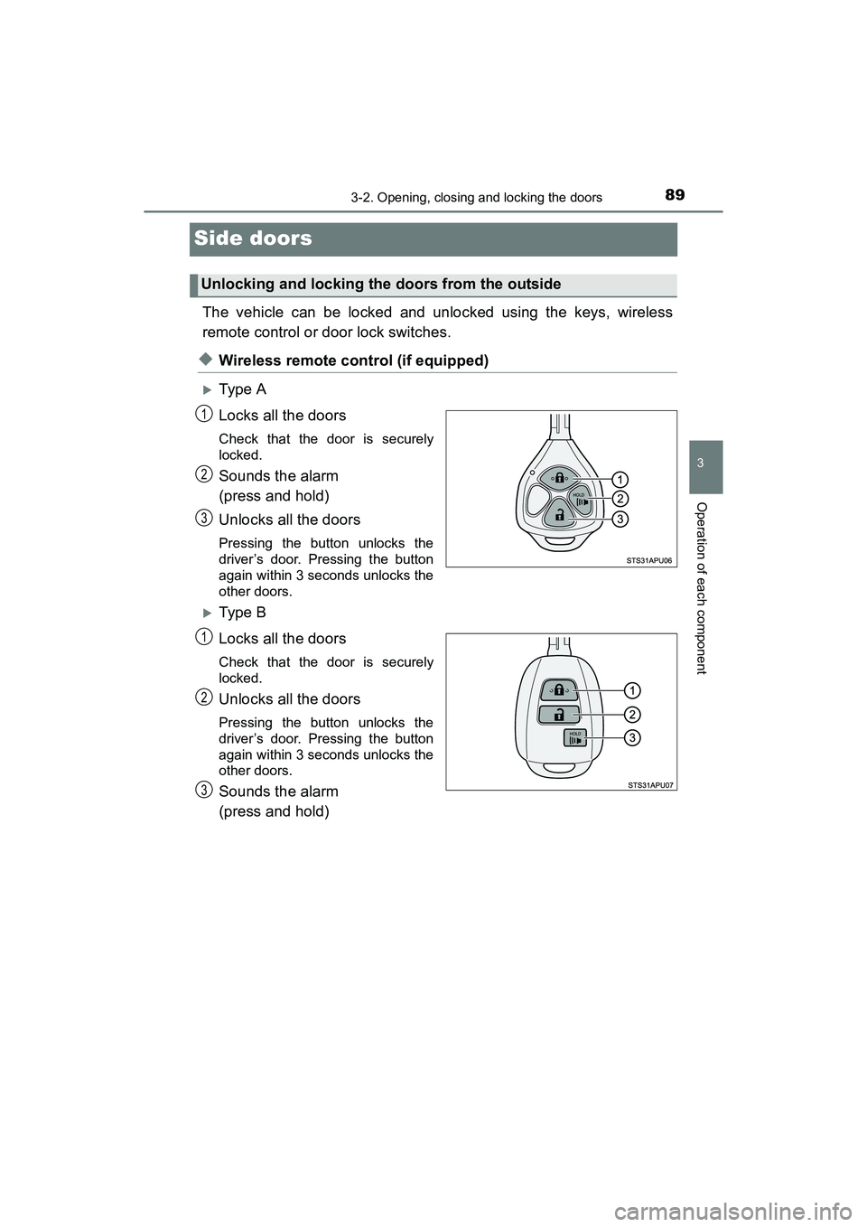 TOYOTA YARIS HATCHBACK 2017 Owners Manual 893-2. Opening, closing and locking the doors
3
Operation of each component
YARIS_HB_OM_USA_OM52G64U
Side doors
The vehicle can be locked and unlocked using the keys, wireless
remote control or door l TOYOTA YARIS HATCHBACK 2017 Owners Manual 893-2. Opening, closing and locking the doors
3
Operation of each component
YARIS_HB_OM_USA_OM52G64U
Side doors
The vehicle can be locked and unlocked using the keys, wireless
remote control or door l