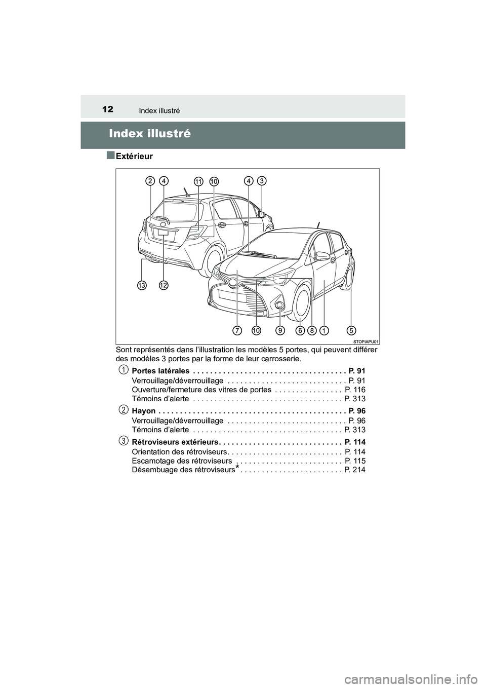 TOYOTA YARIS HATCHBACK 2017 Manuel du propriétaire (in French) 12Index illustré
YARIS_HB_OM_USA_OM52G64D
Index illustré
■
Extérieur
Sont représentés dans l’illustration les modèles 5 portes, qui peuvent différer
des modèles 3 portes par la forme de le TOYOTA YARIS HATCHBACK 2017 Manuel du propriétaire (in French) 12Index illustré
YARIS_HB_OM_USA_OM52G64D
Index illustré
■
Extérieur
Sont représentés dans l’illustration les modèles 5 portes, qui peuvent différer
des modèles 3 portes par la forme de le