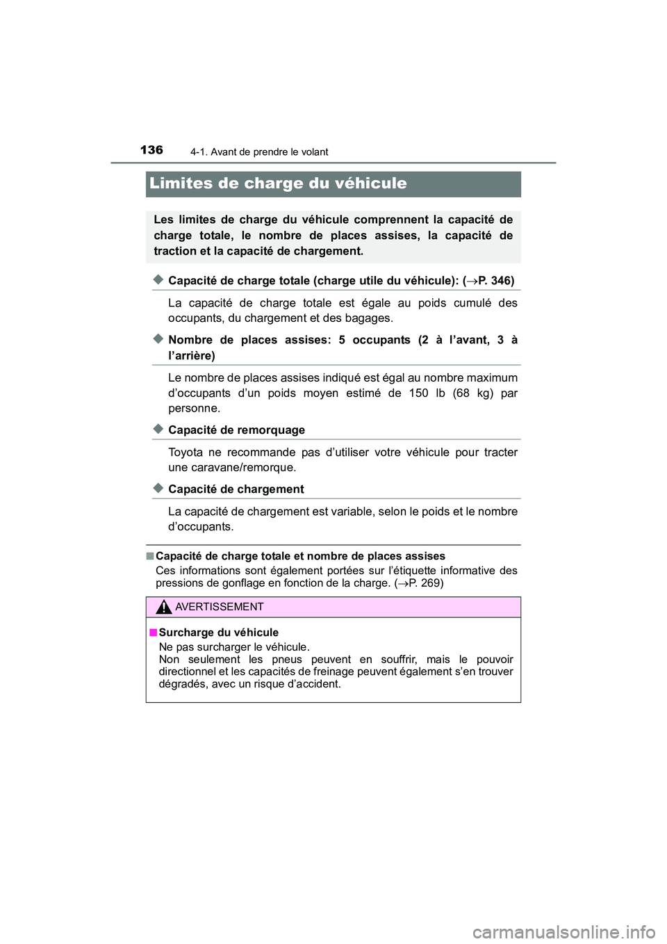 TOYOTA YARIS HATCHBACK 2017 Manuel du propriétaire (in French) 1364-1. Avant de prendre le volant
YARIS_HB_OM_USA_OM52G64D
Limites de charge du véhicule
◆Capacité de charge totale (charge utile du véhicule): (P. 346)
La capacité de charge totale est éga TOYOTA YARIS HATCHBACK 2017 Manuel du propriétaire (in French) 1364-1. Avant de prendre le volant
YARIS_HB_OM_USA_OM52G64D
Limites de charge du véhicule
◆Capacité de charge totale (charge utile du véhicule): (P. 346)
La capacité de charge totale est éga