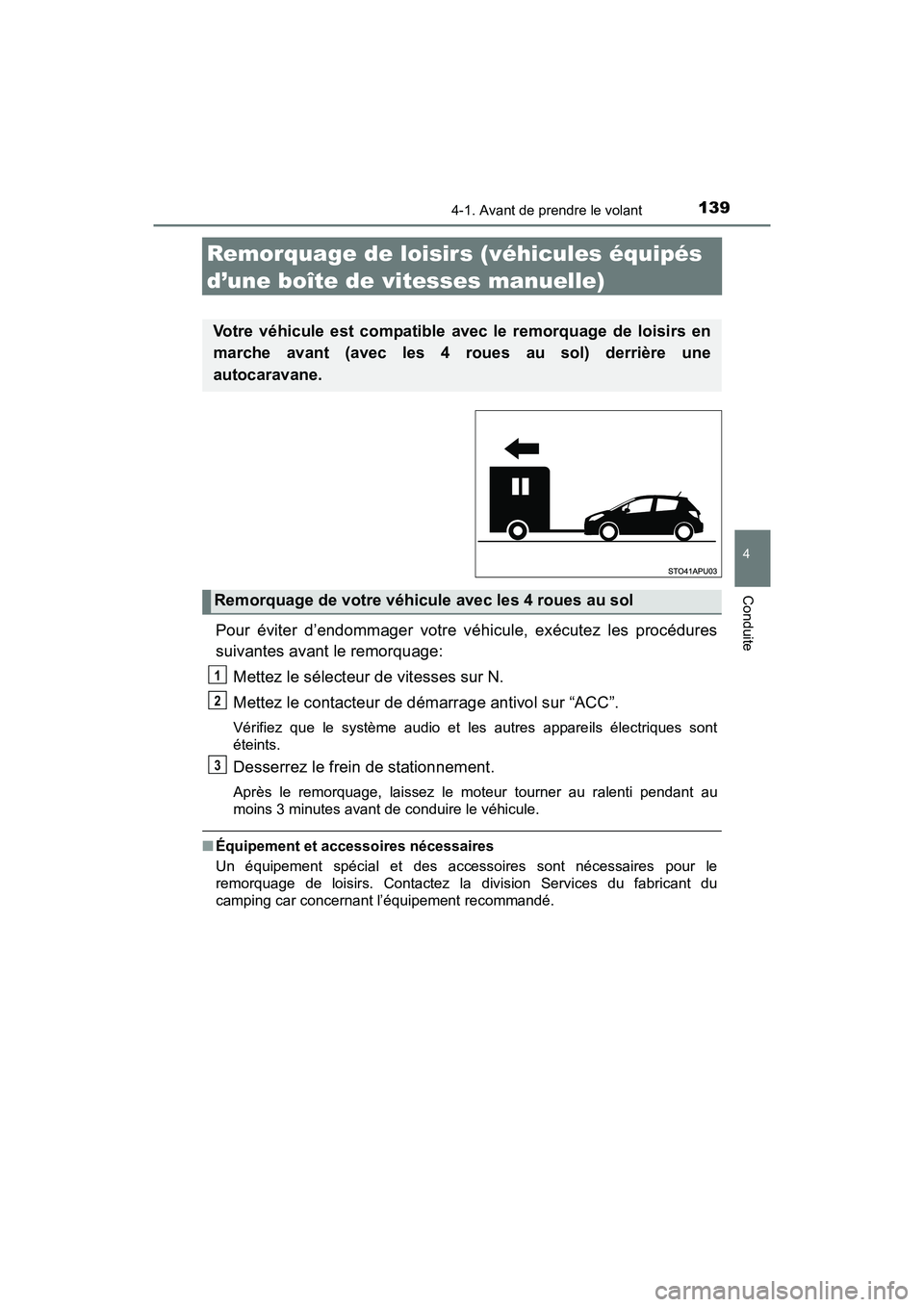 TOYOTA YARIS HATCHBACK 2017 Manuel du propriétaire (in French) 1394-1. Avant de prendre le volant
4
Conduite
YARIS_HB_OM_USA_OM52G64D
Remorquage de loisirs (véhicules équipés
d’une boîte de vitesses manuelle)
Pour éviter d’endommager votre véhicule, ex TOYOTA YARIS HATCHBACK 2017 Manuel du propriétaire (in French) 1394-1. Avant de prendre le volant
4
Conduite
YARIS_HB_OM_USA_OM52G64D
Remorquage de loisirs (véhicules équipés
d’une boîte de vitesses manuelle)
Pour éviter d’endommager votre véhicule, ex