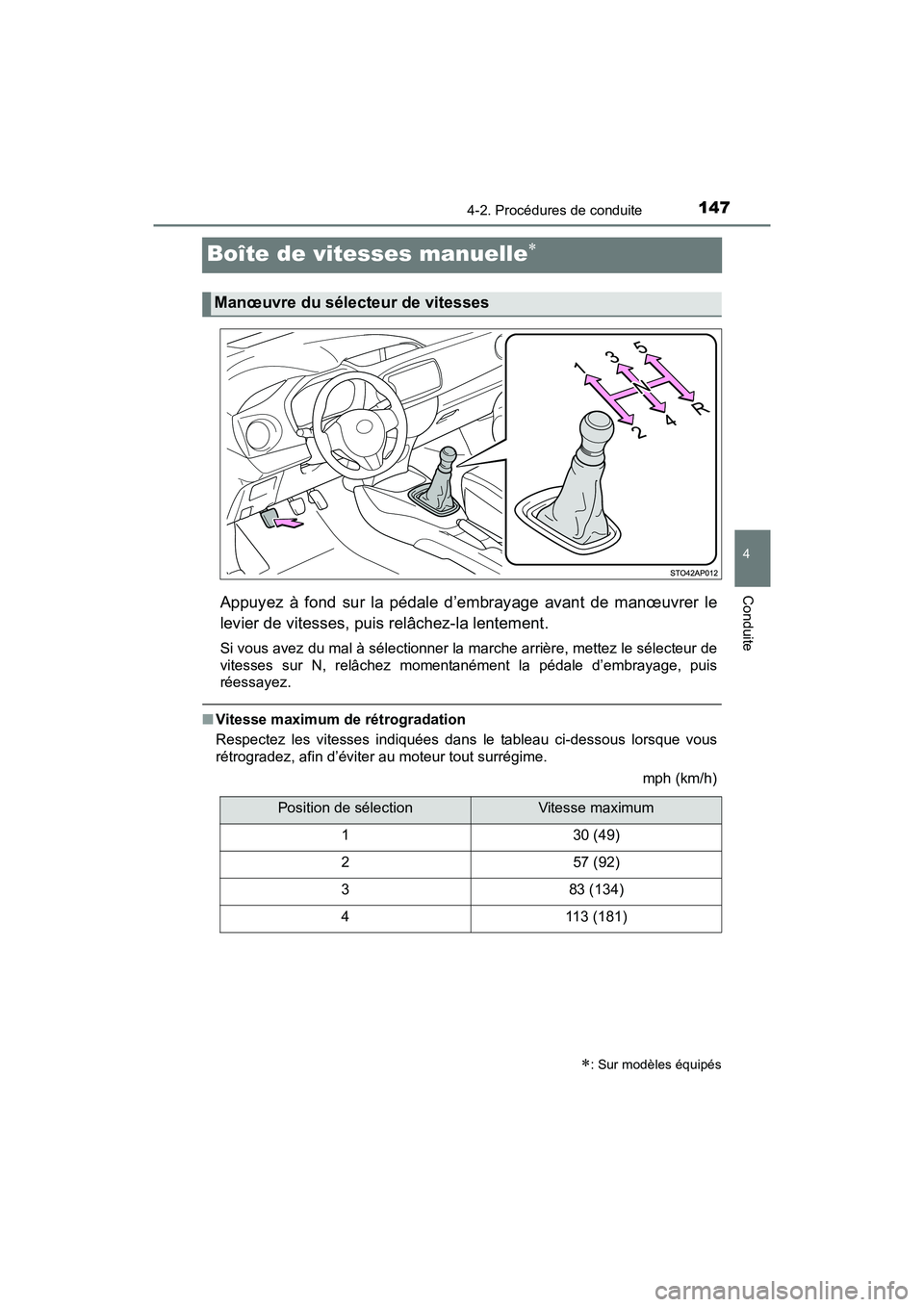 TOYOTA YARIS HATCHBACK 2017 Manuel du propriétaire (in French) 1474-2. Procédures de conduite
4
Conduite
YARIS_HB_OM_USA_OM52G64D
Boîte de vitesses manuelle
Appuyez à fond sur la pédale d’embrayage avant de manœuvrer le
levier de vitesses, puis relâche TOYOTA YARIS HATCHBACK 2017 Manuel du propriétaire (in French) 1474-2. Procédures de conduite
4
Conduite
YARIS_HB_OM_USA_OM52G64D
Boîte de vitesses manuelle
Appuyez à fond sur la pédale d’embrayage avant de manœuvrer le
levier de vitesses, puis relâche