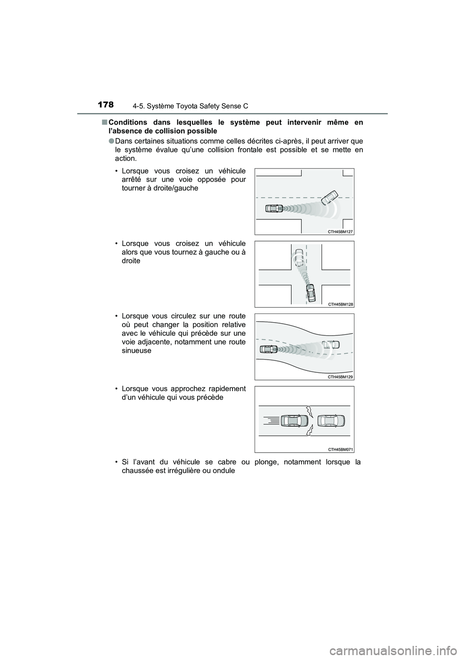TOYOTA YARIS HATCHBACK 2017 Manuel du propriétaire (in French) 1784-5. Système Toyota Safety Sense C
YARIS_HB_OM_USA_OM52G64D■
Conditions dans lesquelles le système peut intervenir même en
l’absence de collision possible
●Dans certaines situations comme TOYOTA YARIS HATCHBACK 2017 Manuel du propriétaire (in French) 1784-5. Système Toyota Safety Sense C
YARIS_HB_OM_USA_OM52G64D■
Conditions dans lesquelles le système peut intervenir même en
l’absence de collision possible
●Dans certaines situations comme