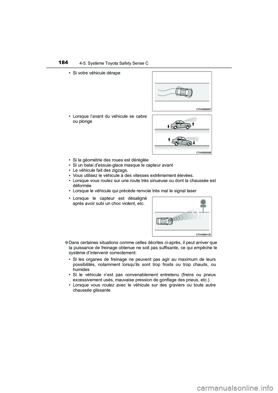 TOYOTA YARIS HATCHBACK 2017 Manuel du propriétaire (in French) 1844-5. Système Toyota Safety Sense C
YARIS_HB_OM_USA_OM52G64D• Si la géométrie des roues est déréglée
• Si un balai d’essuie-glace masque le capteur avant
• Le véhicule fait des zigzag TOYOTA YARIS HATCHBACK 2017 Manuel du propriétaire (in French) 1844-5. Système Toyota Safety Sense C
YARIS_HB_OM_USA_OM52G64D• Si la géométrie des roues est déréglée
• Si un balai d’essuie-glace masque le capteur avant
• Le véhicule fait des zigzag