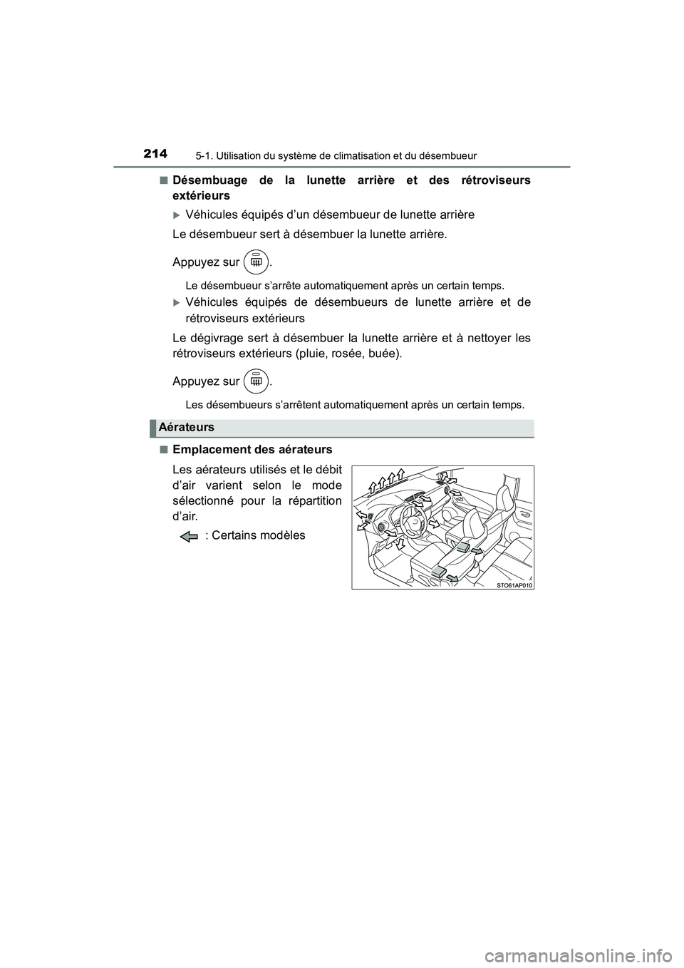 TOYOTA YARIS HATCHBACK 2017 Manuel du propriétaire (in French) 2145-1. Utilisation du système de climatisation et du désembueur
YARIS_HB_OM_USA_OM52G64D■
Désembuage de la lunette arrière et des rétroviseurs
extérieurs
Véhicules équipés d’un désem TOYOTA YARIS HATCHBACK 2017 Manuel du propriétaire (in French) 2145-1. Utilisation du système de climatisation et du désembueur
YARIS_HB_OM_USA_OM52G64D■
Désembuage de la lunette arrière et des rétroviseurs
extérieurs
Véhicules équipés d’un désem