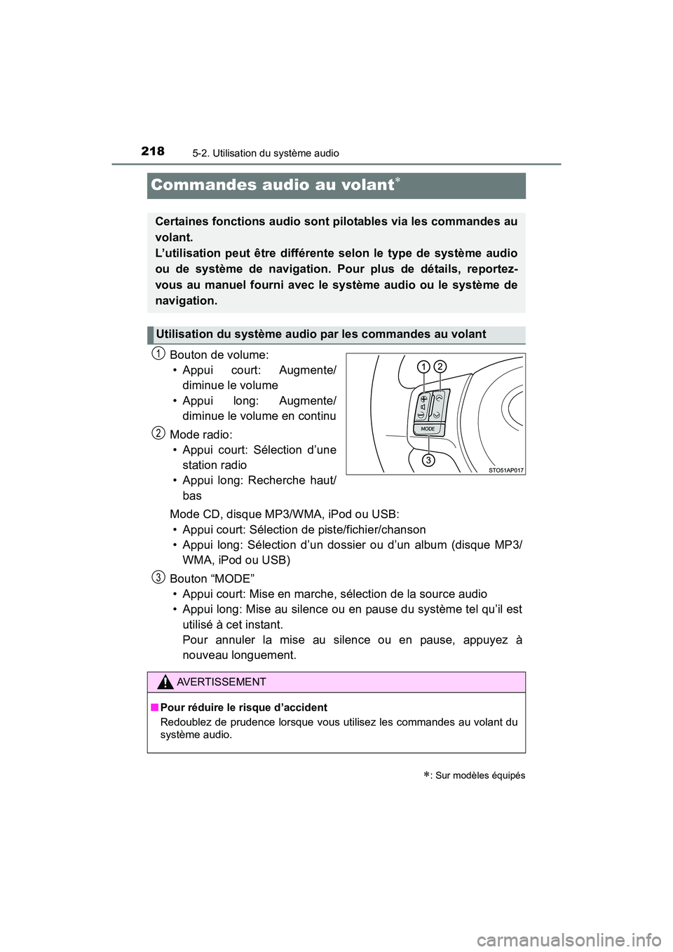 TOYOTA YARIS HATCHBACK 2017 Manuel du propriétaire (in French) 2185-2. Utilisation du système audio
YARIS_HB_OM_USA_OM52G64D
Commandes audio au volant
Bouton de volume:• Appui court: Augmente/ diminue le volume
• Appui long: Augmente/ diminue le volume en TOYOTA YARIS HATCHBACK 2017 Manuel du propriétaire (in French) 2185-2. Utilisation du système audio
YARIS_HB_OM_USA_OM52G64D
Commandes audio au volant
Bouton de volume:• Appui court: Augmente/ diminue le volume
• Appui long: Augmente/ diminue le volume en