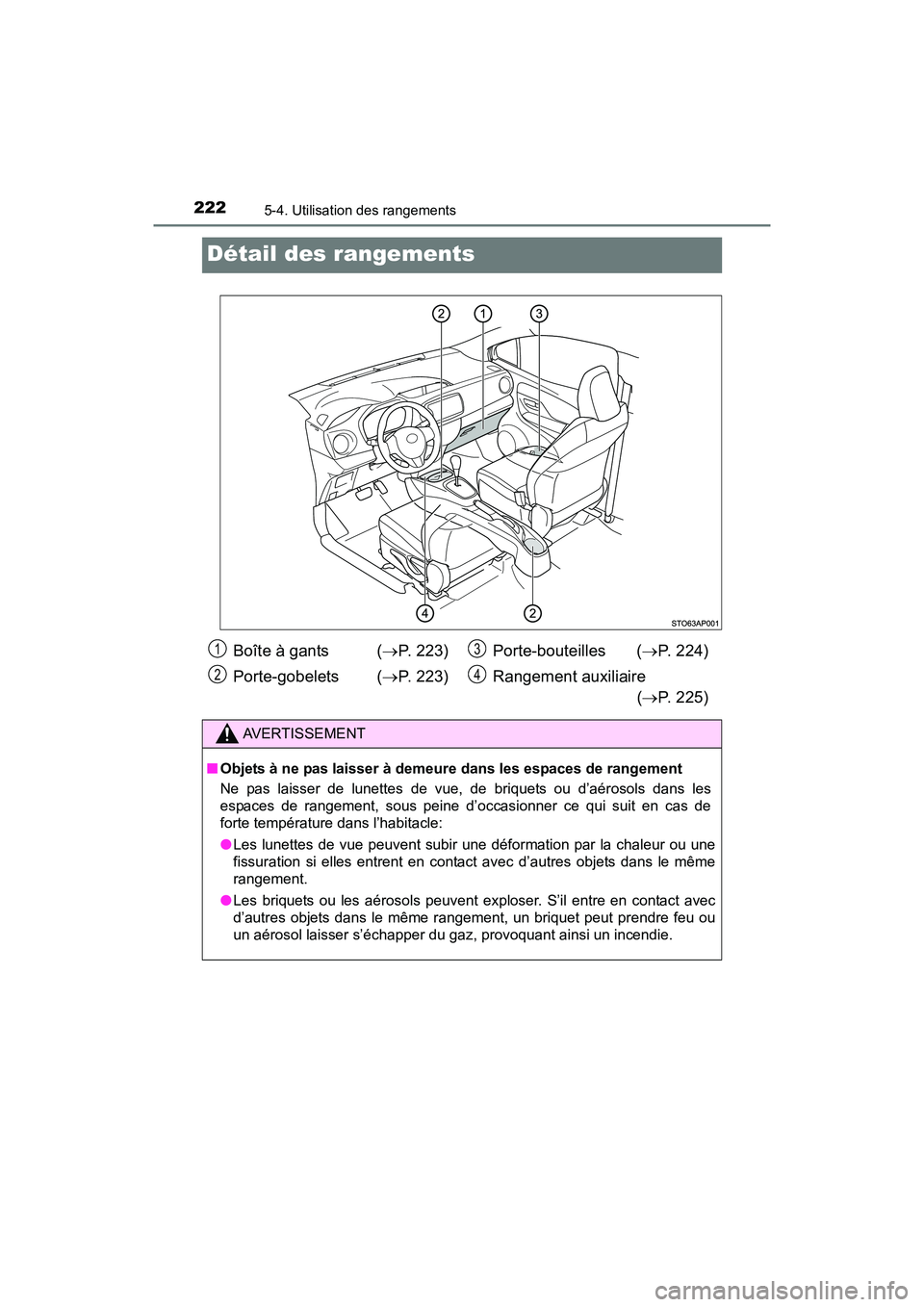 TOYOTA YARIS HATCHBACK 2017  Manuel du propriétaire (in French) 2225-4. Utilisation des rangements
YARIS_HB_OM_USA_OM52G64D
Détail des rangements
Boîte à gants  (P. 223)
Porte-gobelets ( P. 223) Porte-bouteilles (
P. 224)
Rangement auxiliaire (P. 22