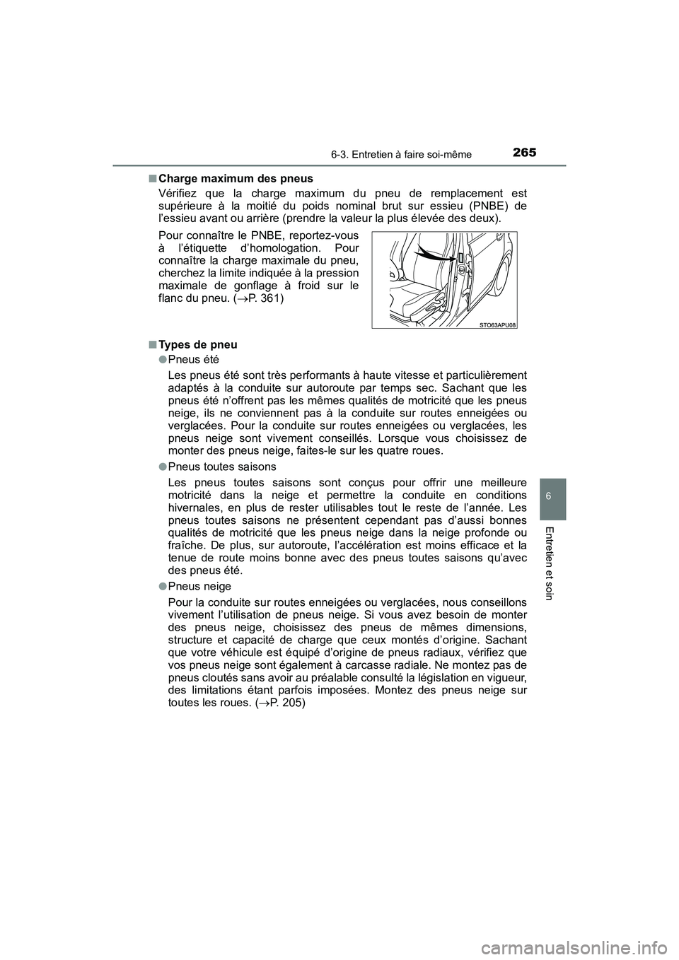 TOYOTA YARIS HATCHBACK 2017 Manuel du propriétaire (in French) 2656-3. Entretien à faire soi-même
6
Entretien et soin
YARIS_HB_OM_USA_OM52G64D■
Charge maximum des pneus
Vérifiez que la charge maximum du pneu de remplacement est
supérieure à la moitié du p TOYOTA YARIS HATCHBACK 2017 Manuel du propriétaire (in French) 2656-3. Entretien à faire soi-même
6
Entretien et soin
YARIS_HB_OM_USA_OM52G64D■
Charge maximum des pneus
Vérifiez que la charge maximum du pneu de remplacement est
supérieure à la moitié du p