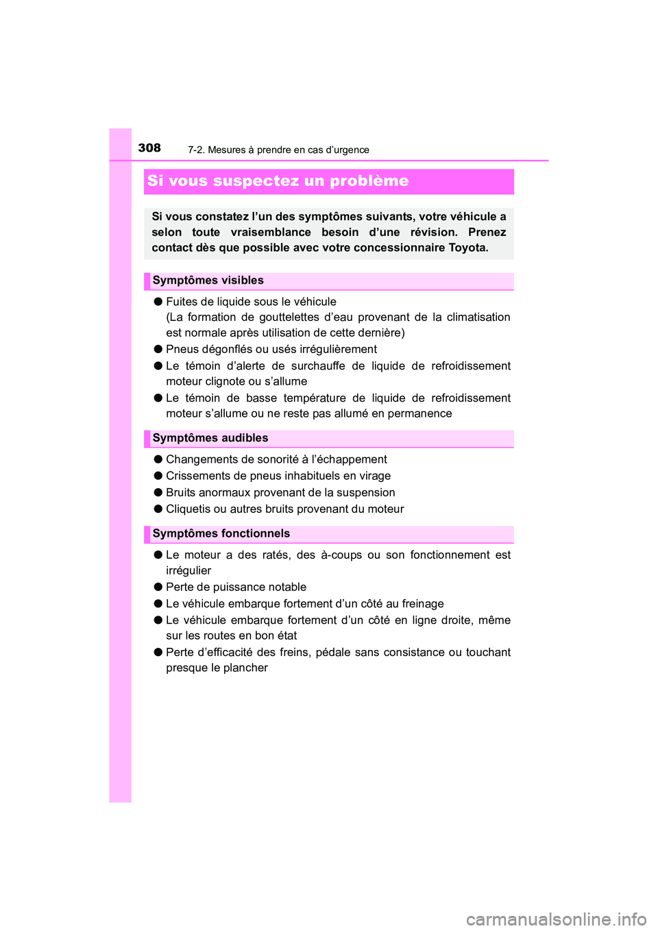 TOYOTA YARIS HATCHBACK 2017 Manuel du propriétaire (in French) 3087-2. Mesures à prendre en cas d’urgence
YARIS_HB_OM_USA_OM52G64D
Si vous suspectez un problème
●Fuites de liquide sous le véhicule
(La formation de gouttelettes d’eau provenant de la clima TOYOTA YARIS HATCHBACK 2017 Manuel du propriétaire (in French) 3087-2. Mesures à prendre en cas d’urgence
YARIS_HB_OM_USA_OM52G64D
Si vous suspectez un problème
●Fuites de liquide sous le véhicule
(La formation de gouttelettes d’eau provenant de la clima