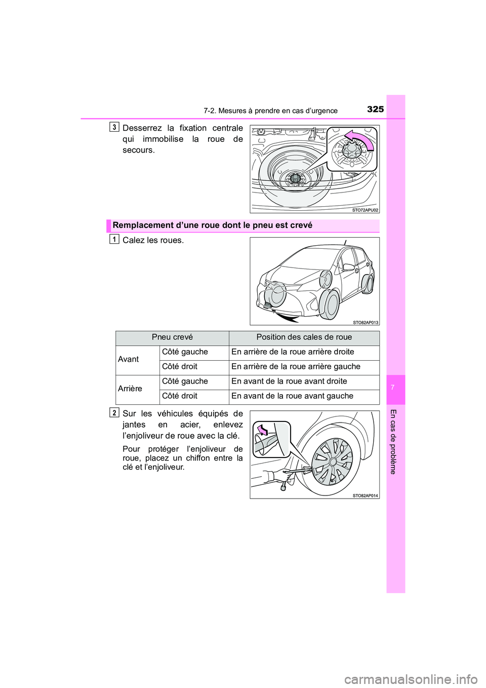 TOYOTA YARIS HATCHBACK 2017 Manuel du propriétaire (in French) 3257-2. Mesures à prendre en cas d’urgence
7
En cas de problème
YARIS_HB_OM_USA_OM52G64D
Desserrez la fixation centrale
qui immobilise la roue de
secours.
Calez les roues.
Sur les véhicules équi TOYOTA YARIS HATCHBACK 2017 Manuel du propriétaire (in French) 3257-2. Mesures à prendre en cas d’urgence
7
En cas de problème
YARIS_HB_OM_USA_OM52G64D
Desserrez la fixation centrale
qui immobilise la roue de
secours.
Calez les roues.
Sur les véhicules équi