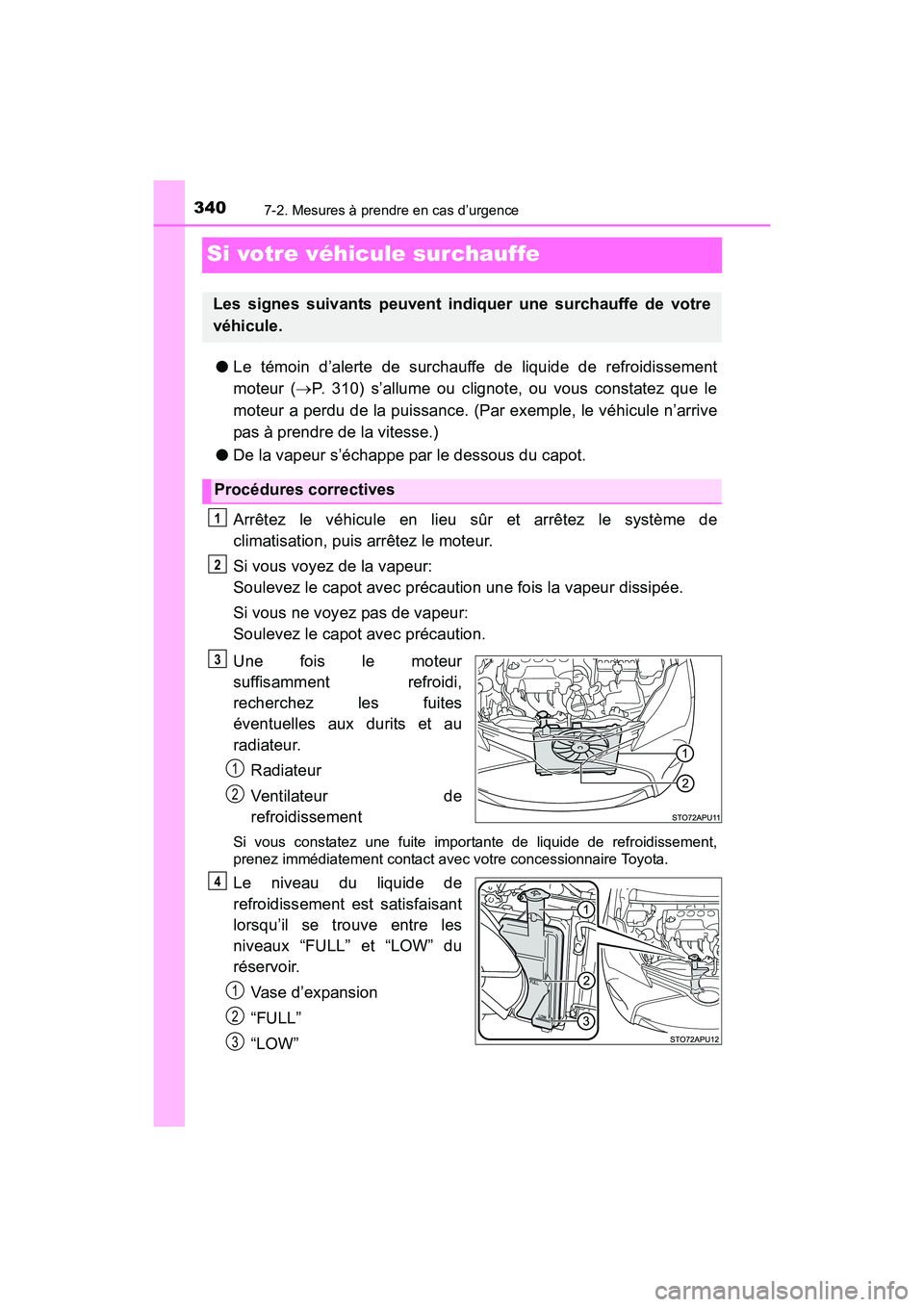 TOYOTA YARIS HATCHBACK 2017 Manuel du propriétaire (in French) 3407-2. Mesures à prendre en cas d’urgence
YARIS_HB_OM_USA_OM52G64D
Si votre véhicule surchauffe
●Le témoin d’alerte de surchauffe de liquide de refroidissement
moteur ( P. 310) s’allume TOYOTA YARIS HATCHBACK 2017 Manuel du propriétaire (in French) 3407-2. Mesures à prendre en cas d’urgence
YARIS_HB_OM_USA_OM52G64D
Si votre véhicule surchauffe
●Le témoin d’alerte de surchauffe de liquide de refroidissement
moteur ( P. 310) s’allume