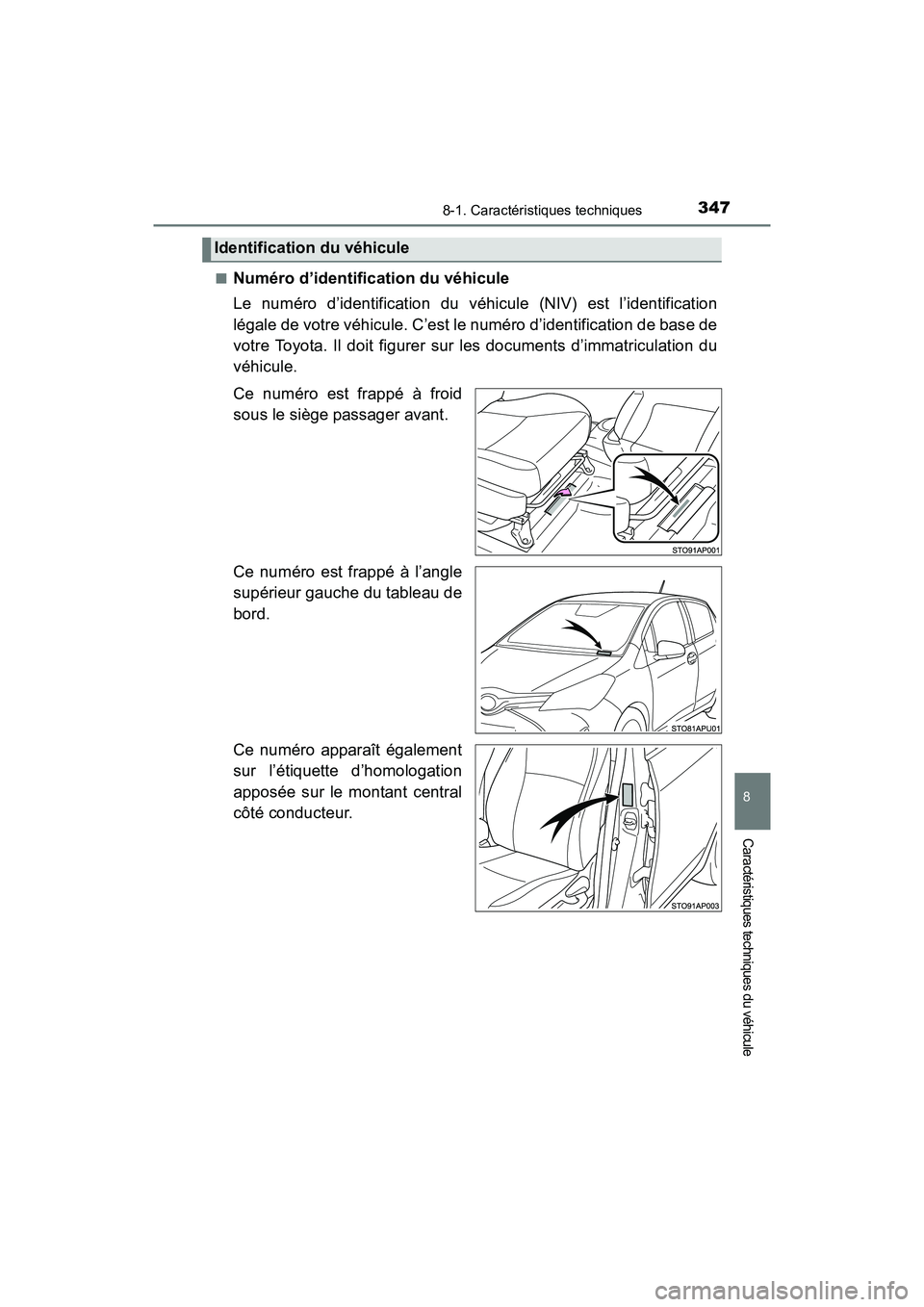 TOYOTA YARIS HATCHBACK 2017 Manuel du propriétaire (in French) 3478-1. Caractéristiques techniques
8
Caractéristiques techniques du véhicule
YARIS_HB_OM_USA_OM52G64D■
Numéro d’identification du véhicule
Le numéro d’identification du véhicule (NIV) es TOYOTA YARIS HATCHBACK 2017 Manuel du propriétaire (in French) 3478-1. Caractéristiques techniques
8
Caractéristiques techniques du véhicule
YARIS_HB_OM_USA_OM52G64D■
Numéro d’identification du véhicule
Le numéro d’identification du véhicule (NIV) es