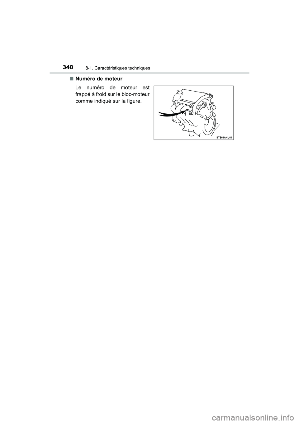 TOYOTA YARIS HATCHBACK 2017 Manuel du propriétaire (in French) 3488-1. Caractéristiques techniques
YARIS_HB_OM_USA_OM52G64D■
Numéro de moteur
Le numéro de moteur est
frappé à froid sur le bloc-moteur
comme indiqué sur la figure.
YARIS_HB_OM_USA_OM52G64D.b TOYOTA YARIS HATCHBACK 2017 Manuel du propriétaire (in French) 3488-1. Caractéristiques techniques
YARIS_HB_OM_USA_OM52G64D■
Numéro de moteur
Le numéro de moteur est
frappé à froid sur le bloc-moteur
comme indiqué sur la figure.
YARIS_HB_OM_USA_OM52G64D.b