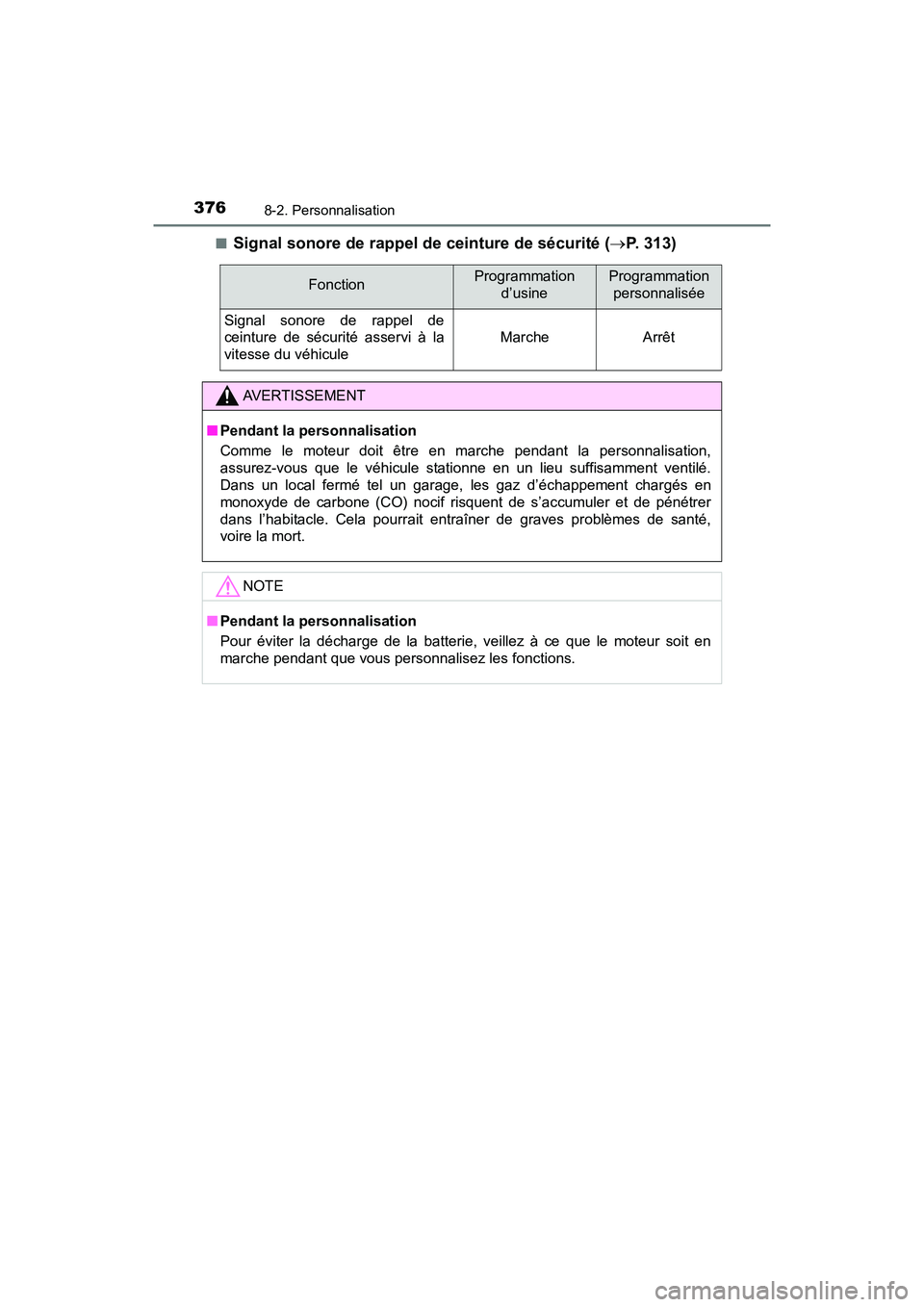 TOYOTA YARIS HATCHBACK 2017 Manuel du propriétaire (in French) 3768-2. Personnalisation
YARIS_HB_OM_USA_OM52G64D■
Signal sonore de rappel de ceinture de sécurité (
P. 313)
FonctionProgrammation
d’usineProgrammationpersonnalisée
Signal sonore de rappel TOYOTA YARIS HATCHBACK 2017 Manuel du propriétaire (in French) 3768-2. Personnalisation
YARIS_HB_OM_USA_OM52G64D■
Signal sonore de rappel de ceinture de sécurité (
P. 313)
FonctionProgrammation
d’usineProgrammationpersonnalisée
Signal sonore de rappel