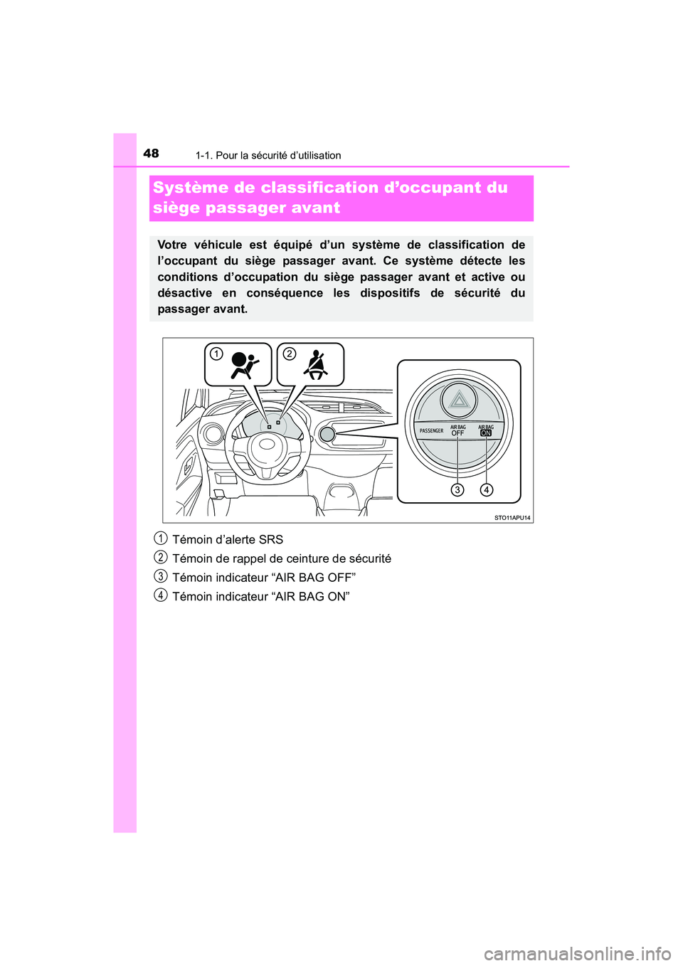 TOYOTA YARIS HATCHBACK 2017 Manuel du propriétaire (in French) 481-1. Pour la sécurité d’utilisation
YARIS_HB_OM_USA_OM52G64D
Système de classification d’occupant du
siège passager avant
Témoin d’alerte SRS
Témoin de rappel de ceinture de sécurité
TOYOTA YARIS HATCHBACK 2017 Manuel du propriétaire (in French) 481-1. Pour la sécurité d’utilisation
YARIS_HB_OM_USA_OM52G64D
Système de classification d’occupant du
siège passager avant
Témoin d’alerte SRS
Témoin de rappel de ceinture de sécurité