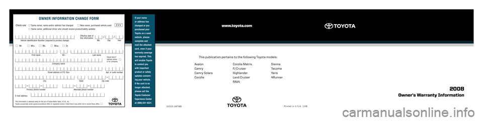 TOYOTA 4RUNNER 2008 N210 / 4.G Owners Warranty Information 