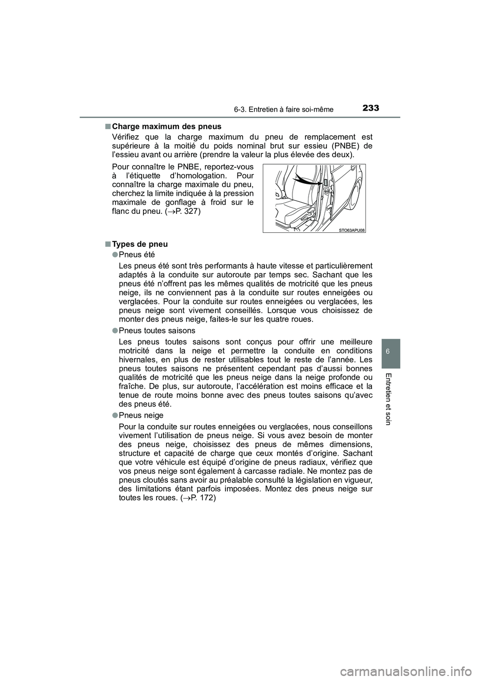 TOYOTA YARIS HATCHBACK 2016 Manuel du propriétaire (in French) 2336-3. Entretien à faire soi-même
6
Entretien et soin
YARIS_F_D_52G61D■
Charge maximum des pneus
Vérifiez que la charge maximum du pneu de remplacement est
supérieure à la moitié du poids nom TOYOTA YARIS HATCHBACK 2016 Manuel du propriétaire (in French) 2336-3. Entretien à faire soi-même
6
Entretien et soin
YARIS_F_D_52G61D■
Charge maximum des pneus
Vérifiez que la charge maximum du pneu de remplacement est
supérieure à la moitié du poids nom