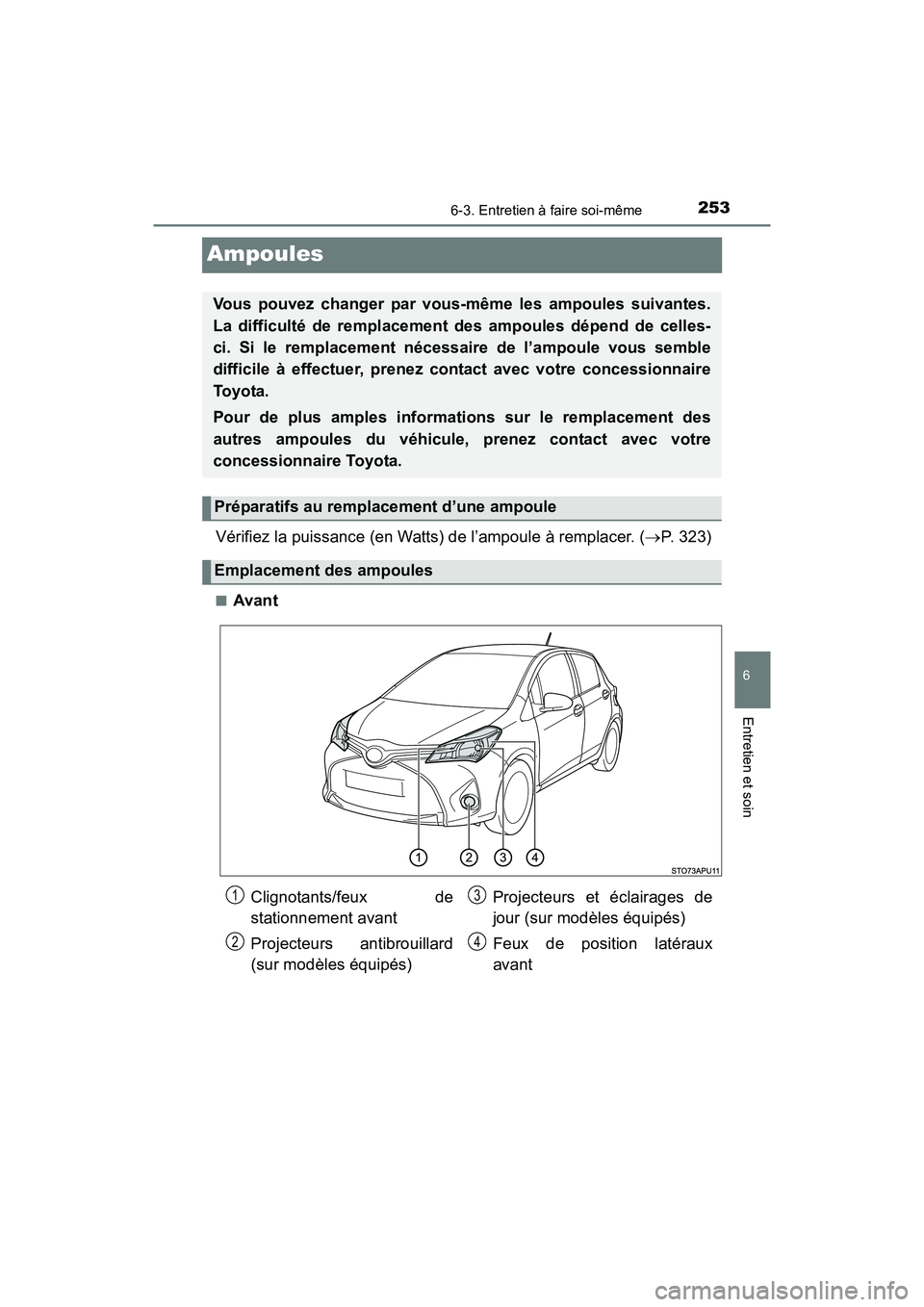 TOYOTA YARIS HATCHBACK 2016  Manuel du propriétaire (in French) 2536-3. Entretien à faire soi-même
6
Entretien et soin
YARIS_F_D_52G61D
Ampoules
Vérifiez la puissance (en Watts) de l’ampoule à remplacer. (P. 323)
■Avant
Vous pouvez changer par vous-mêm