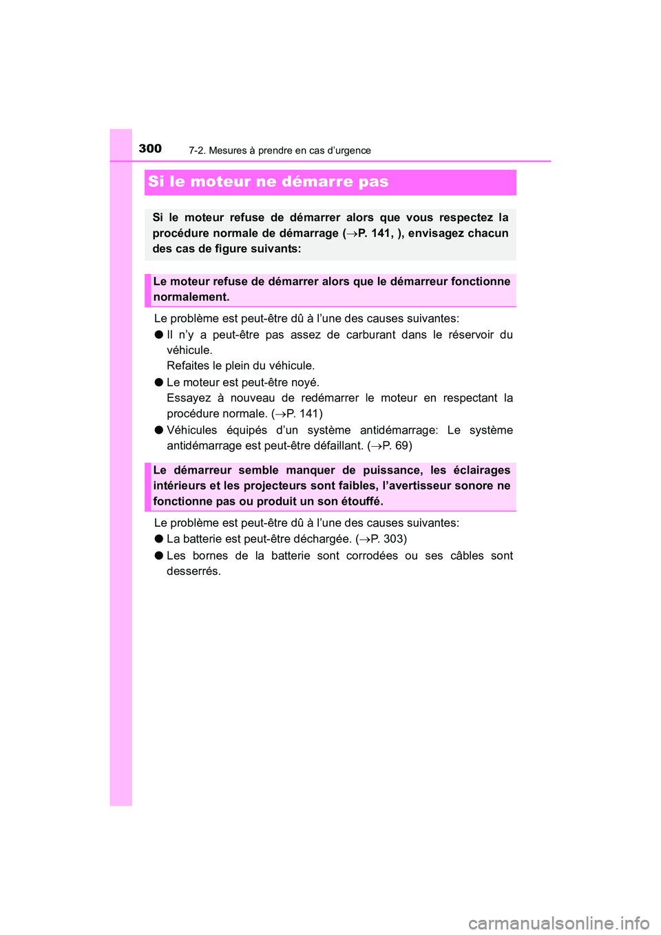 TOYOTA YARIS HATCHBACK 2016 Manuel du propriétaire (in French) 3007-2. Mesures à prendre en cas d’urgence
YARIS_F_D_52G61D
Si le moteur ne démarre pas
Le problème est peut-être dû à l’une des causes suivantes:
●Il n’y a peut-être pas assez de carbu TOYOTA YARIS HATCHBACK 2016 Manuel du propriétaire (in French) 3007-2. Mesures à prendre en cas d’urgence
YARIS_F_D_52G61D
Si le moteur ne démarre pas
Le problème est peut-être dû à l’une des causes suivantes:
●Il n’y a peut-être pas assez de carbu