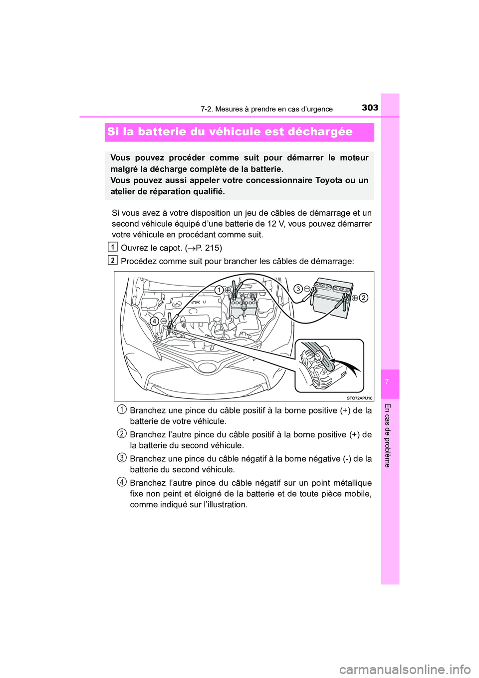 TOYOTA YARIS HATCHBACK 2016 Manuel du propriétaire (in French) 303
7
En cas de problème
7-2. Mesures à prendre en cas d’urgence
YARIS_F_D_52G61D
Si la batterie du véhicule est déchargée
Si vous avez à votre disposition un jeu de câbles de démarrage et u TOYOTA YARIS HATCHBACK 2016 Manuel du propriétaire (in French) 303
7
En cas de problème
7-2. Mesures à prendre en cas d’urgence
YARIS_F_D_52G61D
Si la batterie du véhicule est déchargée
Si vous avez à votre disposition un jeu de câbles de démarrage et u
