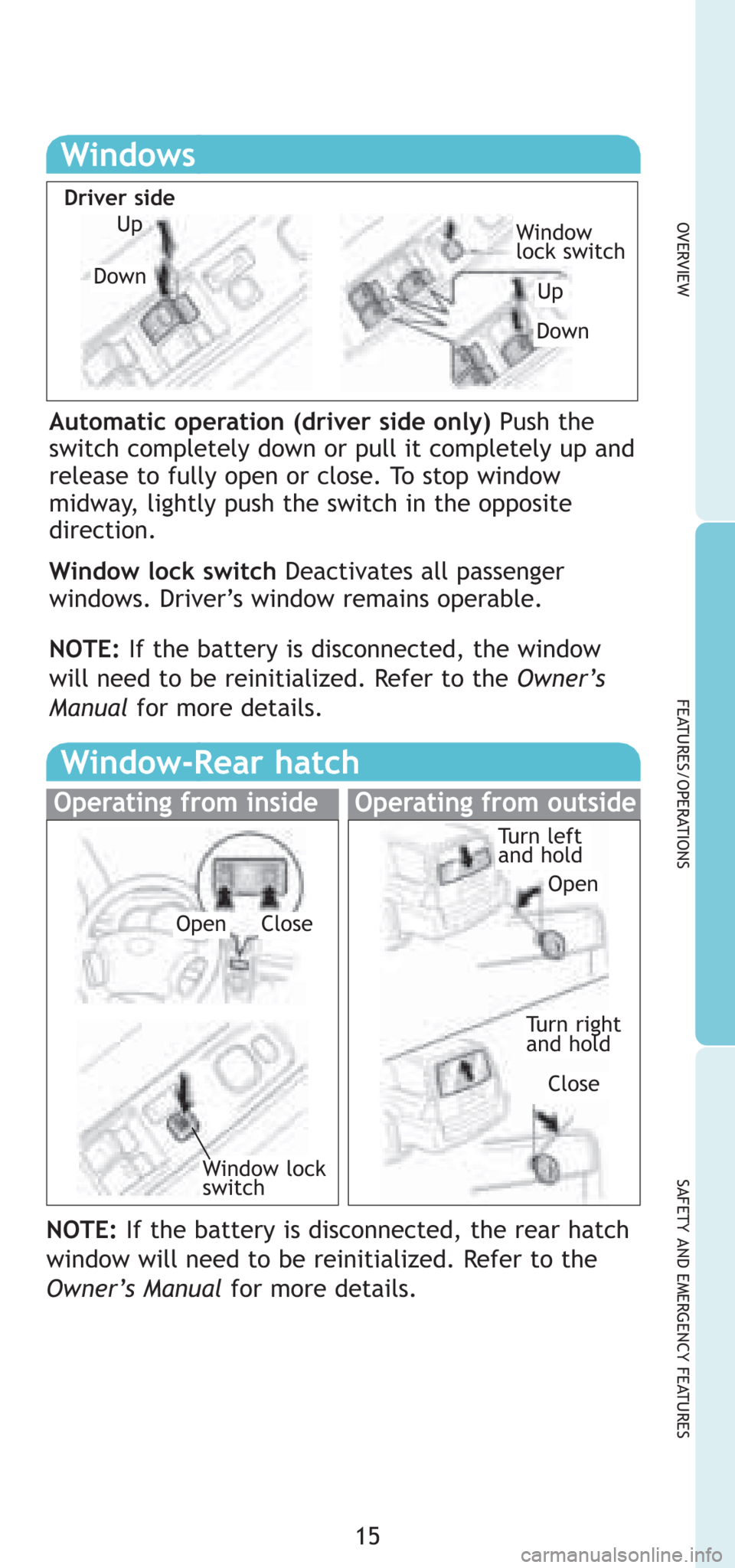 TOYOTA 4RUNNER 2008 N210 / 4.G Quick Reference Guide 15
OVERVIEW
FEATURES/OPERATIONS
SAFETY AND EMERGENCY FEATURES
Operating from inside
Windows
Driver side
Automatic operation (driver side only) Push the
switch completely down or pull it completely up 