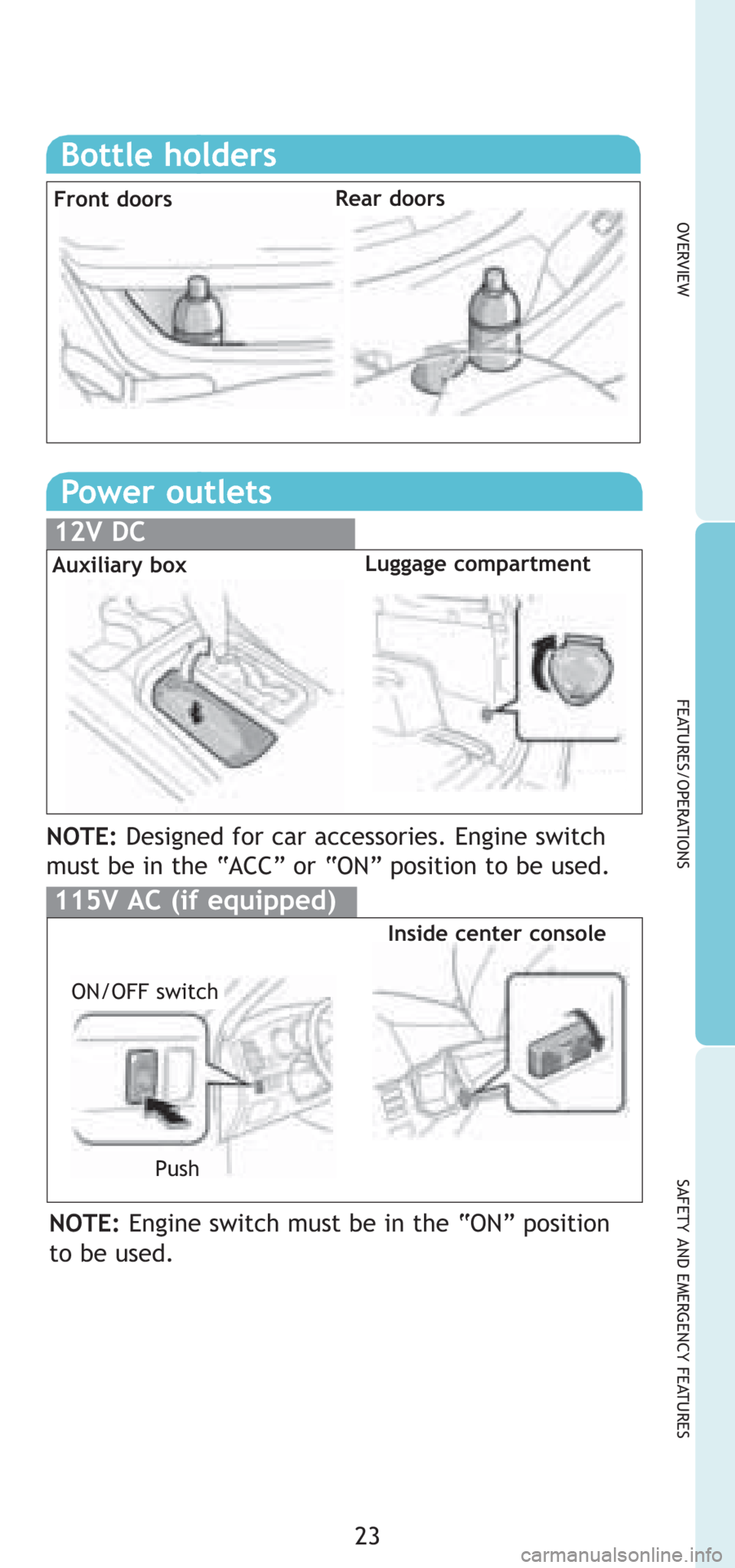 TOYOTA 4RUNNER 2008 N210 / 4.G Quick Reference Guide 23
OVERVIEW
FEATURES/OPERATIONS
SAFETY AND EMERGENCY FEATURES
Power outlets
115V AC (if equipped)
ON/OFF switchInside center console
Push
Auxiliary boxLuggage compartment
NOTE:Designed for car accesso
