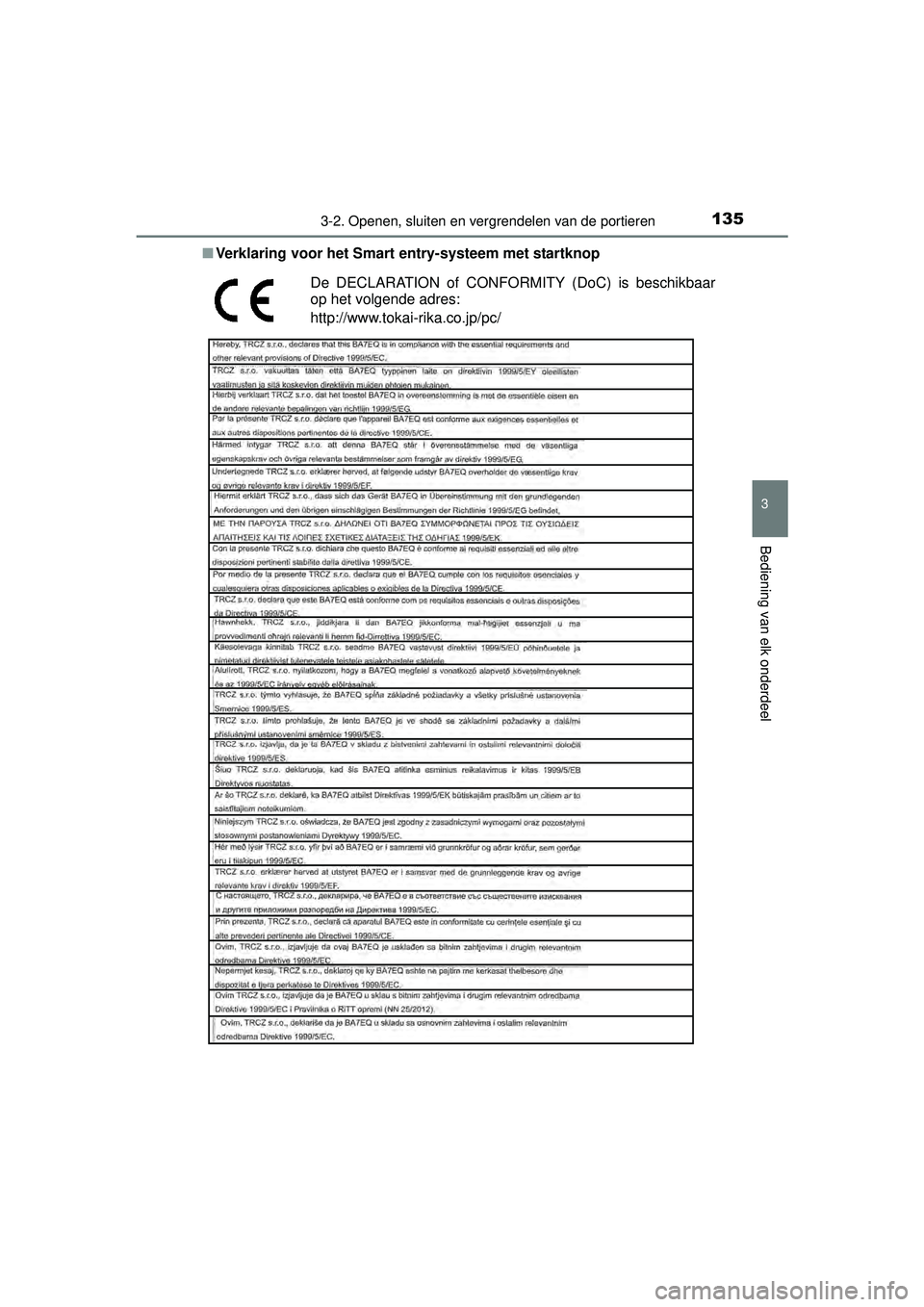 TOYOTA YARIS HATCHBACK 2016  Instructieboekje (in Dutch) 1353-2. Openen, sluiten en vergrendelen van de portieren
3
Bediening van elk onderdeel
YARIS_F_OM_Europe_OM52G66E■
Verklaring voor het Smart  entry-systeem met startknop
De DECLARATION of CONFORMITY