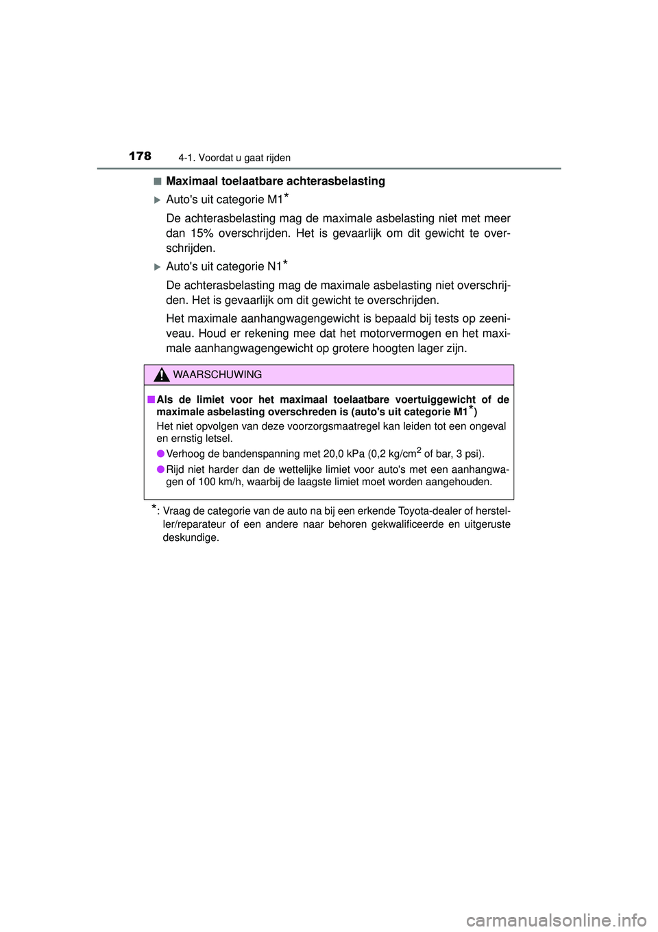 TOYOTA YARIS HATCHBACK 2016  Instructieboekje (in Dutch) 1784-1. Voordat u gaat rijden
YARIS_F_OM_Europe_OM52G66E■
Maximaal toelaatbare achterasbelasting
Autos uit categorie M1*
De achterasbelasting mag de maximale asbelasting niet met meer
dan 15% ov