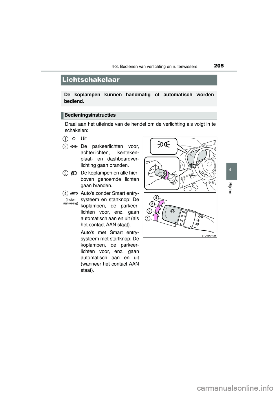 TOYOTA YARIS HATCHBACK 2016  Instructieboekje (in Dutch) 205
4
4-3. Bedienen van verlichting en ruitenwissers
Rijden
YARIS_F_OM_Europe_OM52G66E
Lichtschakelaar
Draai aan het uiteinde van de hendel om de verlichting als volgt in te
schakelen:Uit
De parkeerli