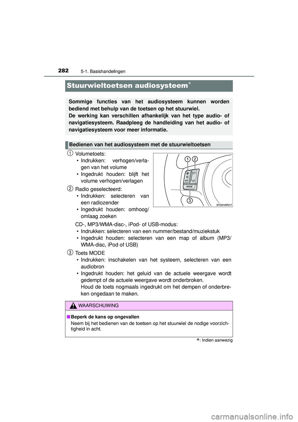 TOYOTA YARIS HATCHBACK 2016  Instructieboekje (in Dutch) 2825-1. Basishandelingen
YARIS_F_OM_Europe_OM52G66E
Stuurwieltoetsen audiosysteem
Vo l u m e t o e ts :• Indrukken: verhogen/verla- gen van het volume
• Ingedrukt houden: blijft het volume verh