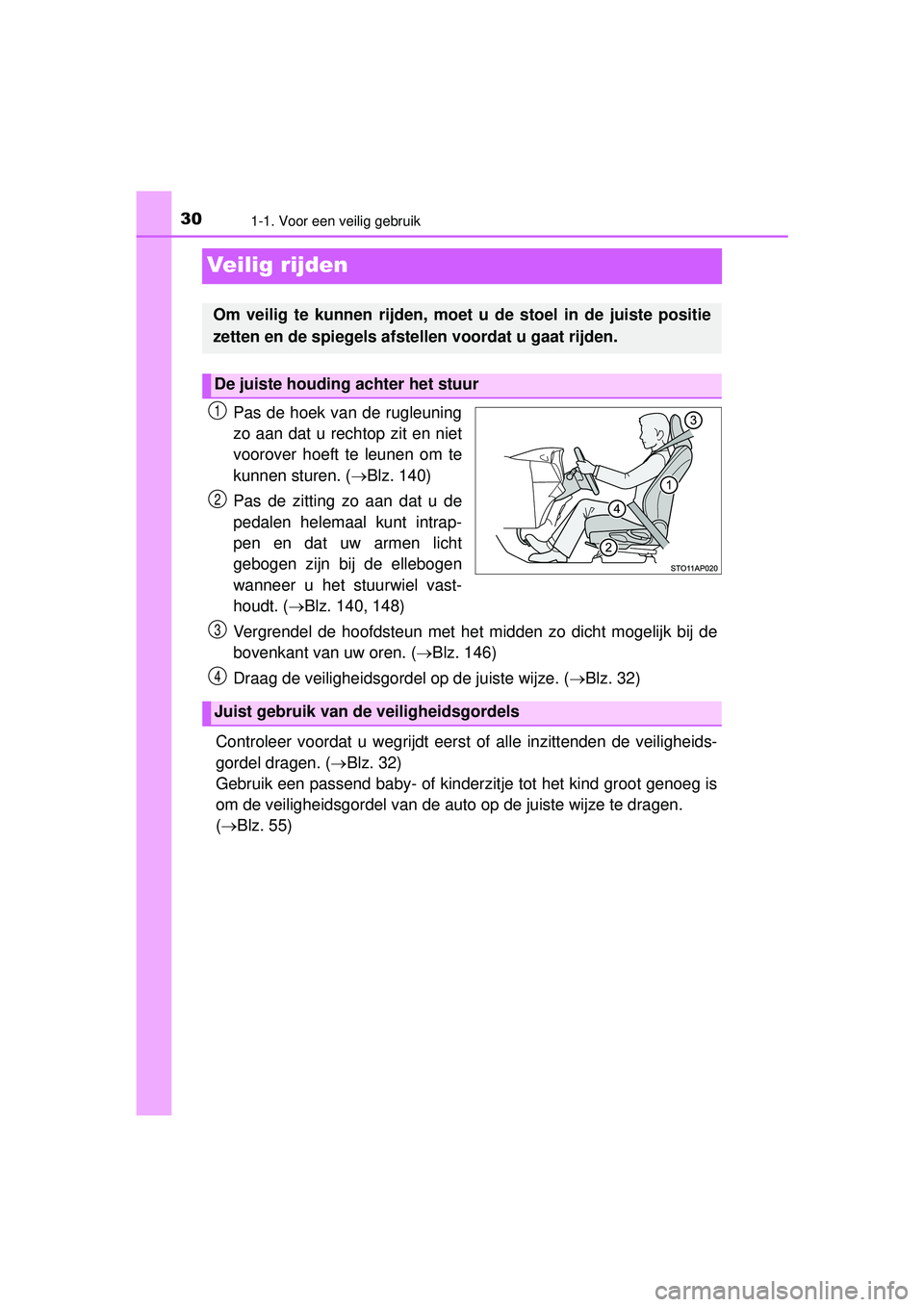 TOYOTA YARIS HATCHBACK 2016  Instructieboekje (in Dutch) 301-1. Voor een veilig gebruik
YARIS_F_OM_Europe_OM52G66E
Veilig rijden
Pas de hoek van de rugleuning
zo aan dat u rechtop zit en niet
voorover hoeft te leunen om te
kunnen sturen. (Blz. 140)
Pas d