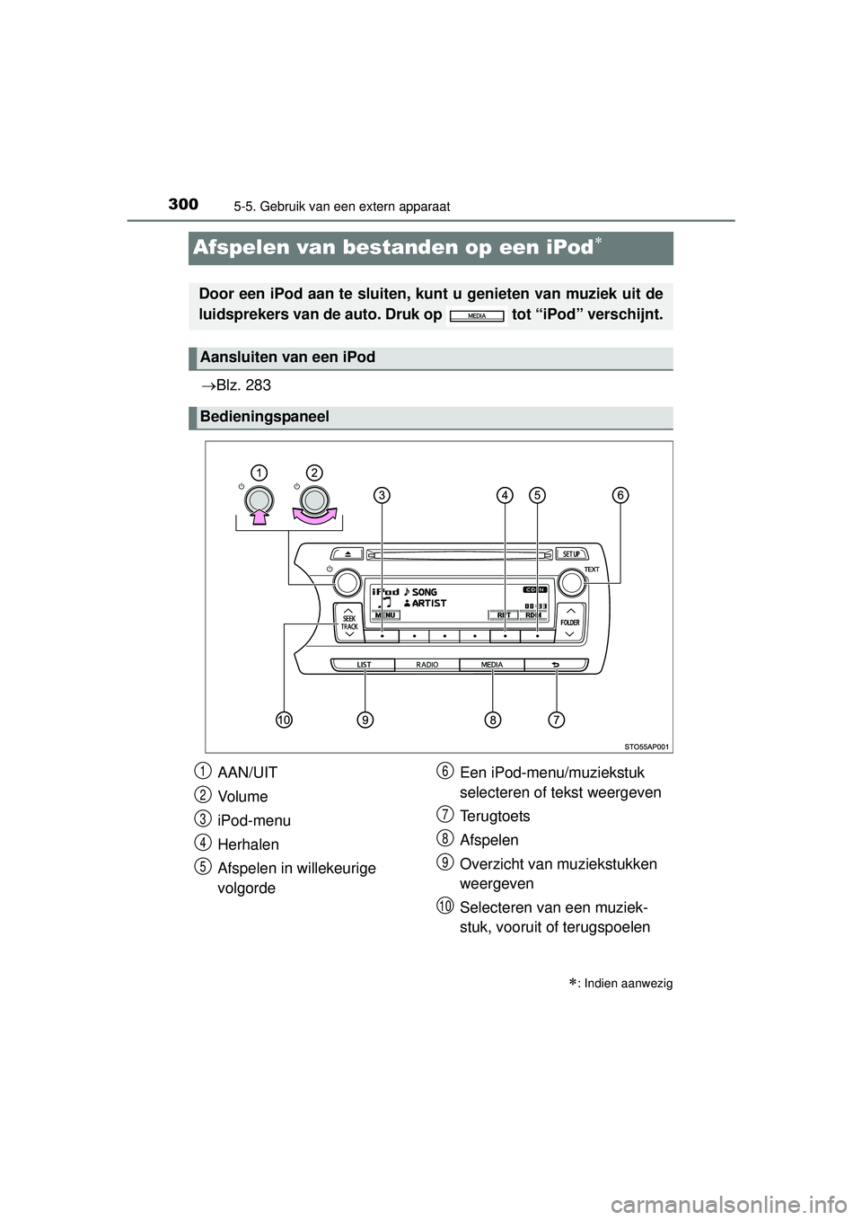 TOYOTA YARIS HATCHBACK 2016  Instructieboekje (in Dutch) 3005-5. Gebruik van een extern apparaat
YARIS_F_OM_Europe_OM52G66E
Afspelen van bestanden op een iPod
Blz. 283
: Indien aanwezig
Door een iPod aan te sluiten, k unt u genieten van muziek uit 
