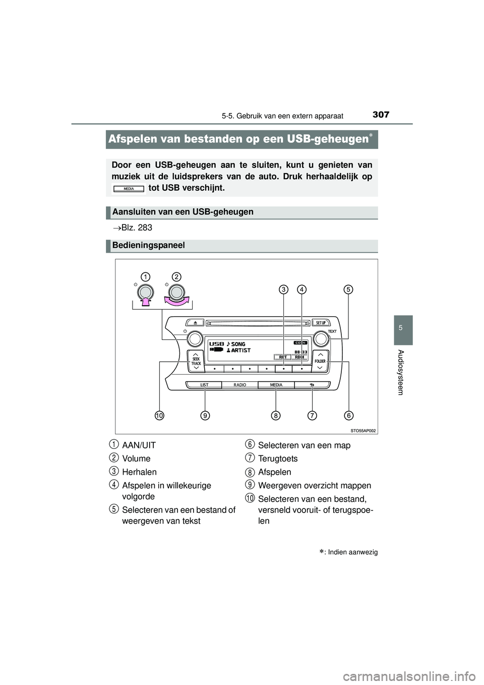 TOYOTA YARIS HATCHBACK 2016  Instructieboekje (in Dutch) 307
5
5-5. Gebruik van een extern apparaat
Audiosysteem
YARIS_F_OM_Europe_OM52G66E
Afspelen van bestanden op een USB-geheugen
Blz. 283
: Indien aanwezig
Door een USB-geheugen aan te  sluiten,
