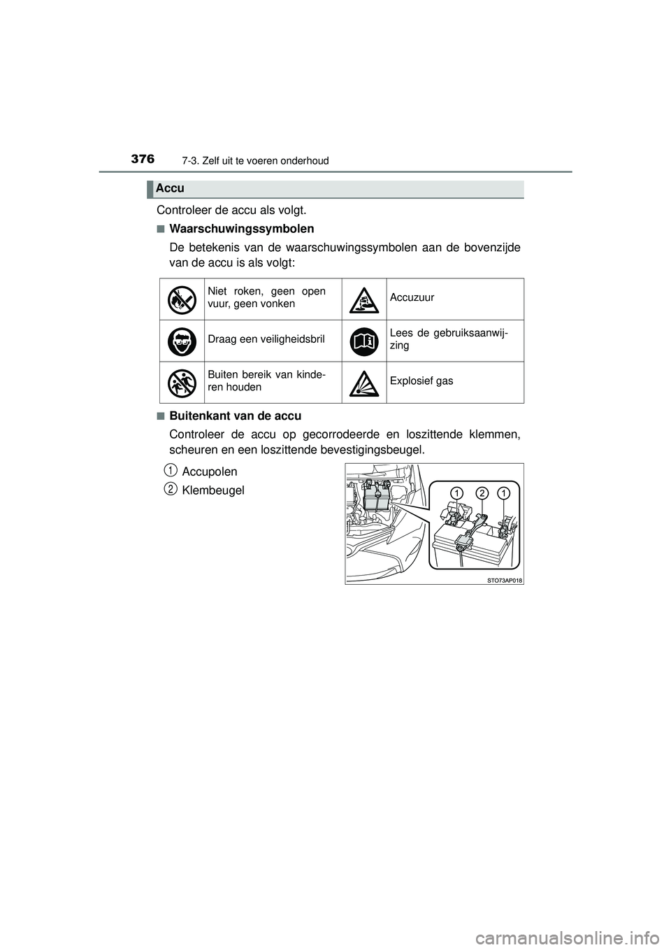 TOYOTA YARIS HATCHBACK 2016  Instructieboekje (in Dutch) 3767-3. Zelf uit te voeren onderhoud
YARIS_F_OM_Europe_OM52G66E
Controleer de accu als volgt.
■Waarschuwingssymbolen
De betekenis van de waarschuwingssymbolen aan de bovenzijde
van de accu is als vo