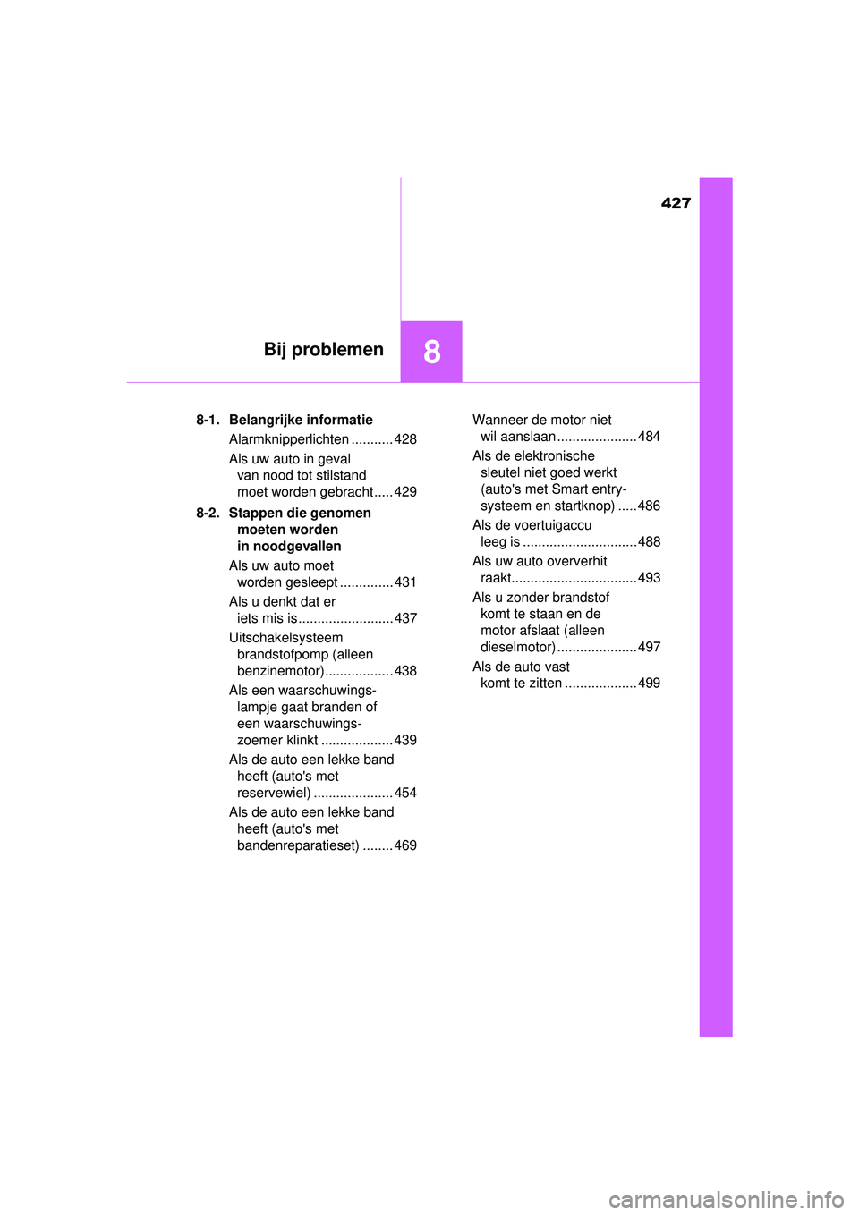 TOYOTA YARIS HATCHBACK 2016 Instructieboekje (in Dutch) 427
8Bij problemen
YARIS_F_OM_Europe_OM52G66E8-1. Belangrijke informatie
Alarmknipperlichten ........... 428
Als uw auto in geval van nood tot stilstand
moet worden gebracht ..... 429
8-2. Stappen di TOYOTA YARIS HATCHBACK 2016 Instructieboekje (in Dutch) 427
8Bij problemen
YARIS_F_OM_Europe_OM52G66E8-1. Belangrijke informatie
Alarmknipperlichten ........... 428
Als uw auto in geval van nood tot stilstand
moet worden gebracht ..... 429
8-2. Stappen di