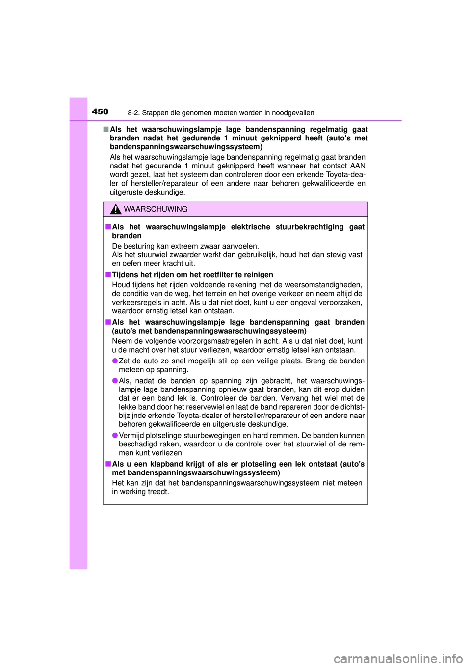 TOYOTA YARIS HATCHBACK 2016  Instructieboekje (in Dutch) 4508-2. Stappen die genomen moeten worden in noodgevallen
YARIS_F_OM_Europe_OM52G66E■
Als het waarschuwingslampje lage bandenspanning regelmatig gaat
branden nadat het gedurende 1 minuut geknipperd 
