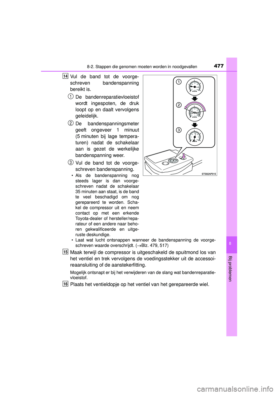 TOYOTA YARIS HATCHBACK 2016  Instructieboekje (in Dutch) 4778-2. Stappen die genomen moeten worden in noodgevallen
8
Bij problemen
YARIS_F_OM_Europe_OM52G66E
Vul de band tot de voorge-
schreven bandenspanning
bereikt is.De bandenreparatievloeistof
wordt ing
