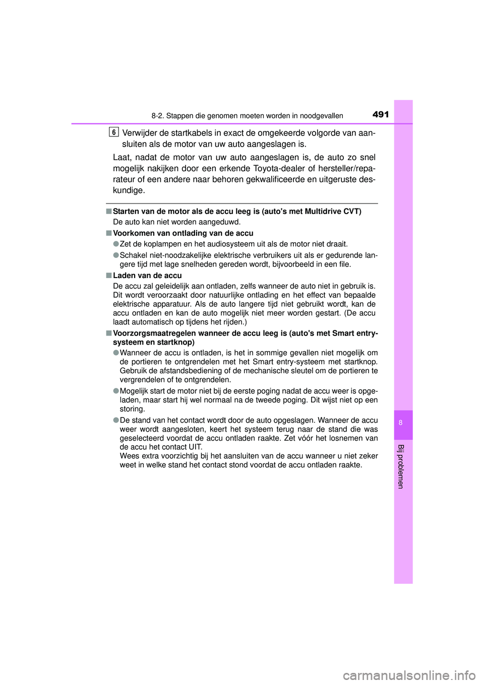 TOYOTA YARIS HATCHBACK 2016  Instructieboekje (in Dutch) 4918-2. Stappen die genomen moeten worden in noodgevallen
8
Bij problemen
YARIS_F_OM_Europe_OM52G66E
Verwijder de startkabels in exact de omgekeerde volgorde van aan-
sluiten als de motor van uw auto 