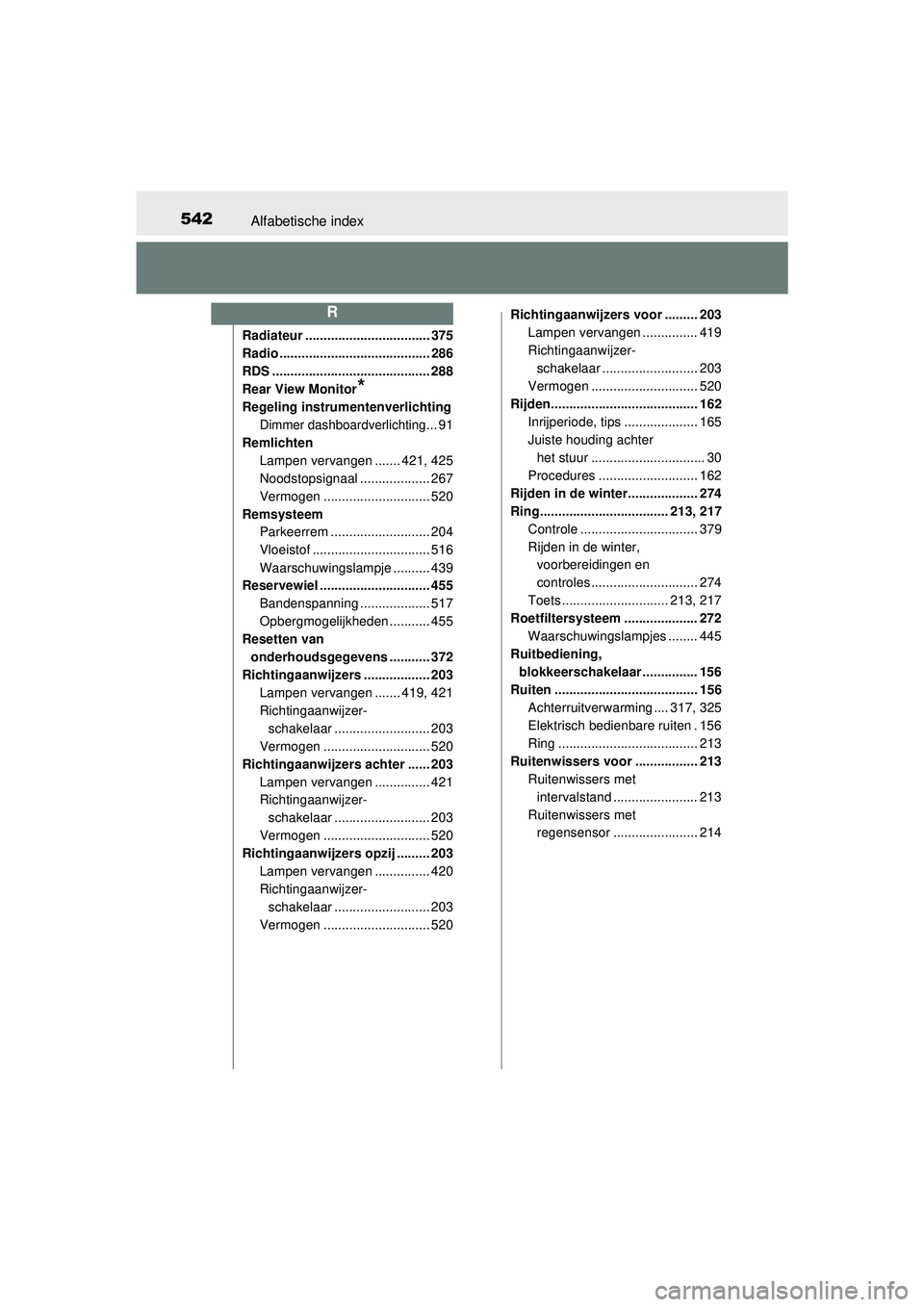 TOYOTA YARIS HATCHBACK 2016  Instructieboekje (in Dutch) 542Alfabetische index
YARIS_F_OM_Europe_OM52G66E
Radiateur .................................. 375
Radio ......................................... 286
RDS ........................................... 28