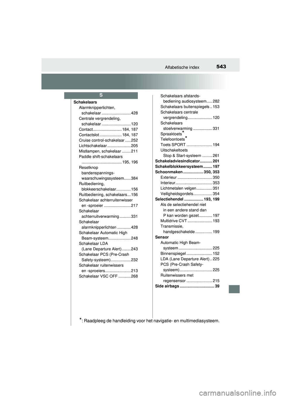 TOYOTA YARIS HATCHBACK 2016  Instructieboekje (in Dutch) 543Alfabetische index
YARIS_F_OM_Europe_OM52G66E
SchakelaarsAlarmknipperlichten, 
schakelaar .......................... 428
Centrale vergrendeling,  schakelaar .......................... 120
Contact..