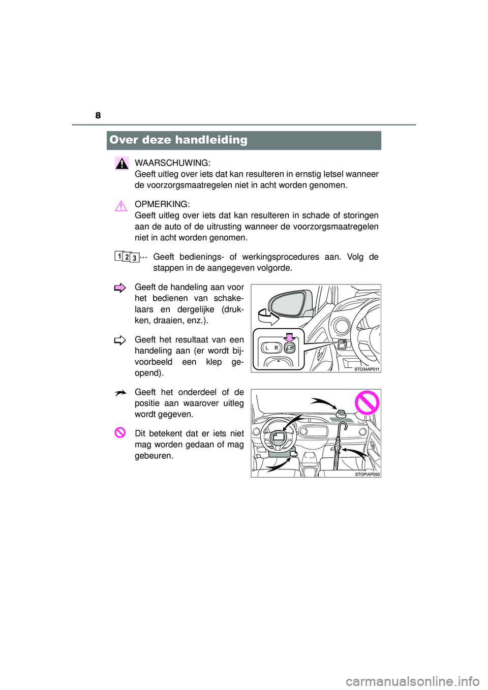 TOYOTA YARIS HATCHBACK 2016  Instructieboekje (in Dutch) 8
YARIS_F_OM_Europe_OM52G66E
Over deze handleiding
WAARSCHUWING: 
Geeft uitleg over iets dat kan resulteren in ernstig letsel wanneer
de voorzorgsmaatregelen niet in acht worden genomen.
OPMERKING: 
G