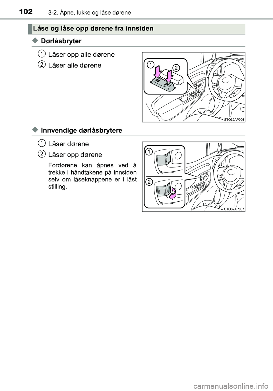 TOYOTA YARIS HATCHBACK 2016 Instruksjoner for bruk (in Norwegian) 1023-2. Åpne, lukke og låse dørene
OM52G04NO
uDørlåsbryterLåser opp alle dørene
Låser alle dørene
uInnvendige dørlåsbrytereLåser dørene
Låser opp dørene
Fordørene kan åpnes ved å
tre TOYOTA YARIS HATCHBACK 2016 Instruksjoner for bruk (in Norwegian) 1023-2. Åpne, lukke og låse dørene
OM52G04NO
uDørlåsbryterLåser opp alle dørene
Låser alle dørene
uInnvendige dørlåsbrytereLåser dørene
Låser opp dørene
Fordørene kan åpnes ved å
tre